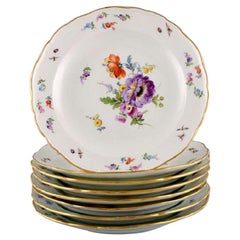 Eight Antique Meissen Plates in Porcelain with Hand-Painted Flowers