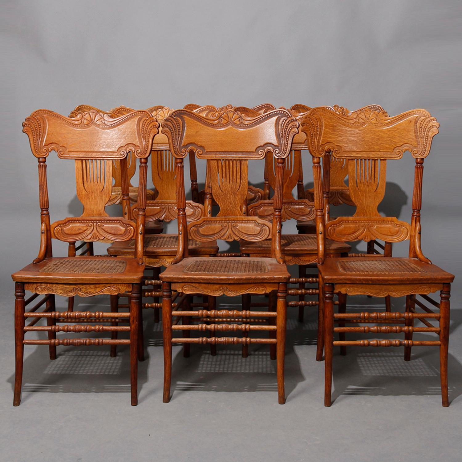 Eight Antique Oak Pressed Back & Cane Seat Heywood Wakefield Dining Chairs 20thC In Good Condition In Big Flats, NY