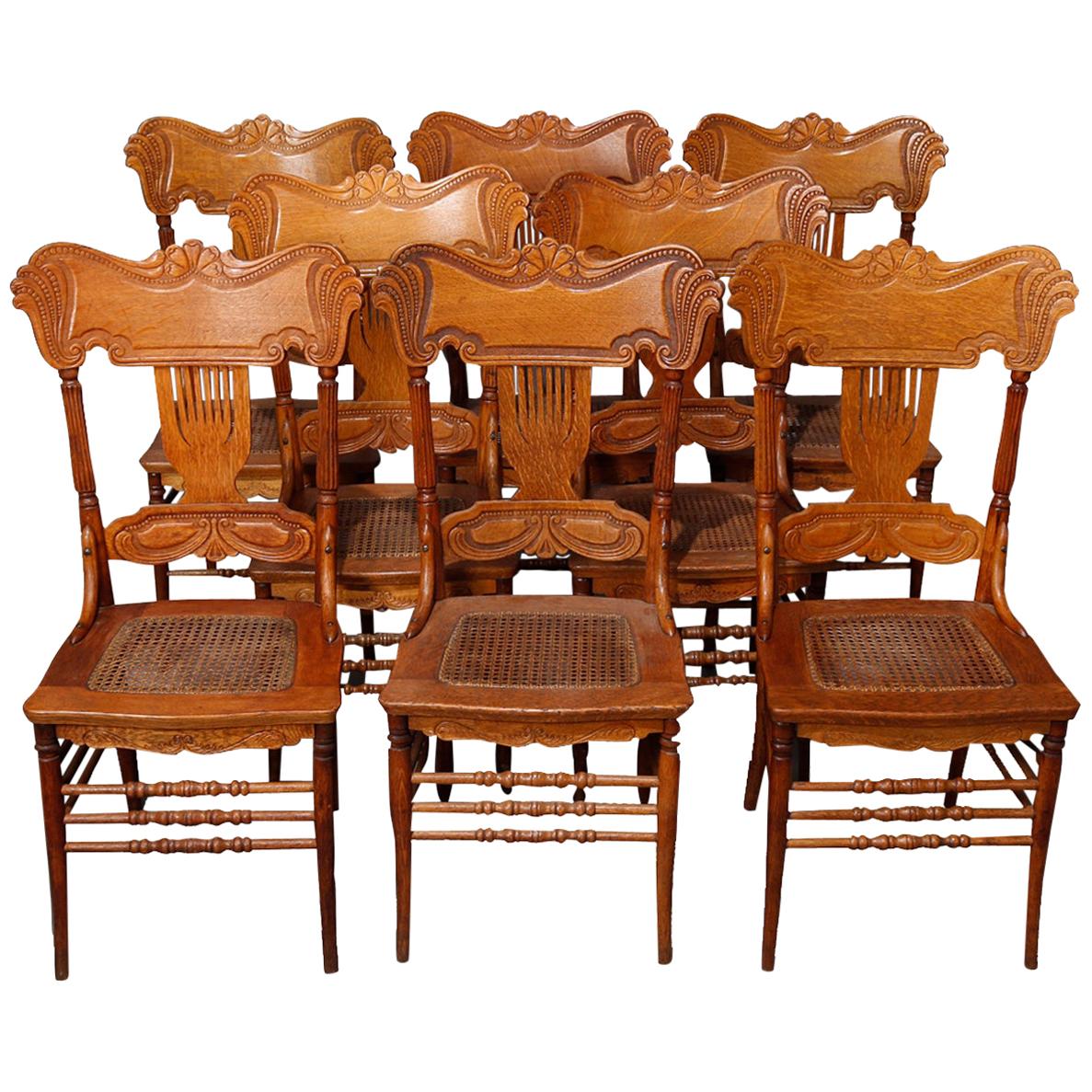 Eight Antique Oak Pressed Back & Cane Seat Heywood Wakefield Dining Chairs 20thC