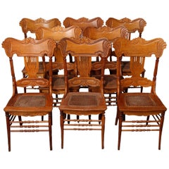 Eight Vintage Oak Pressed Back & Cane Seat Heywood Wakefield Dining Chairs 20thC