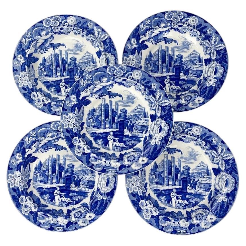 Eight Antique Staffordshire Blue and White Large Soup Plates Circa 1820