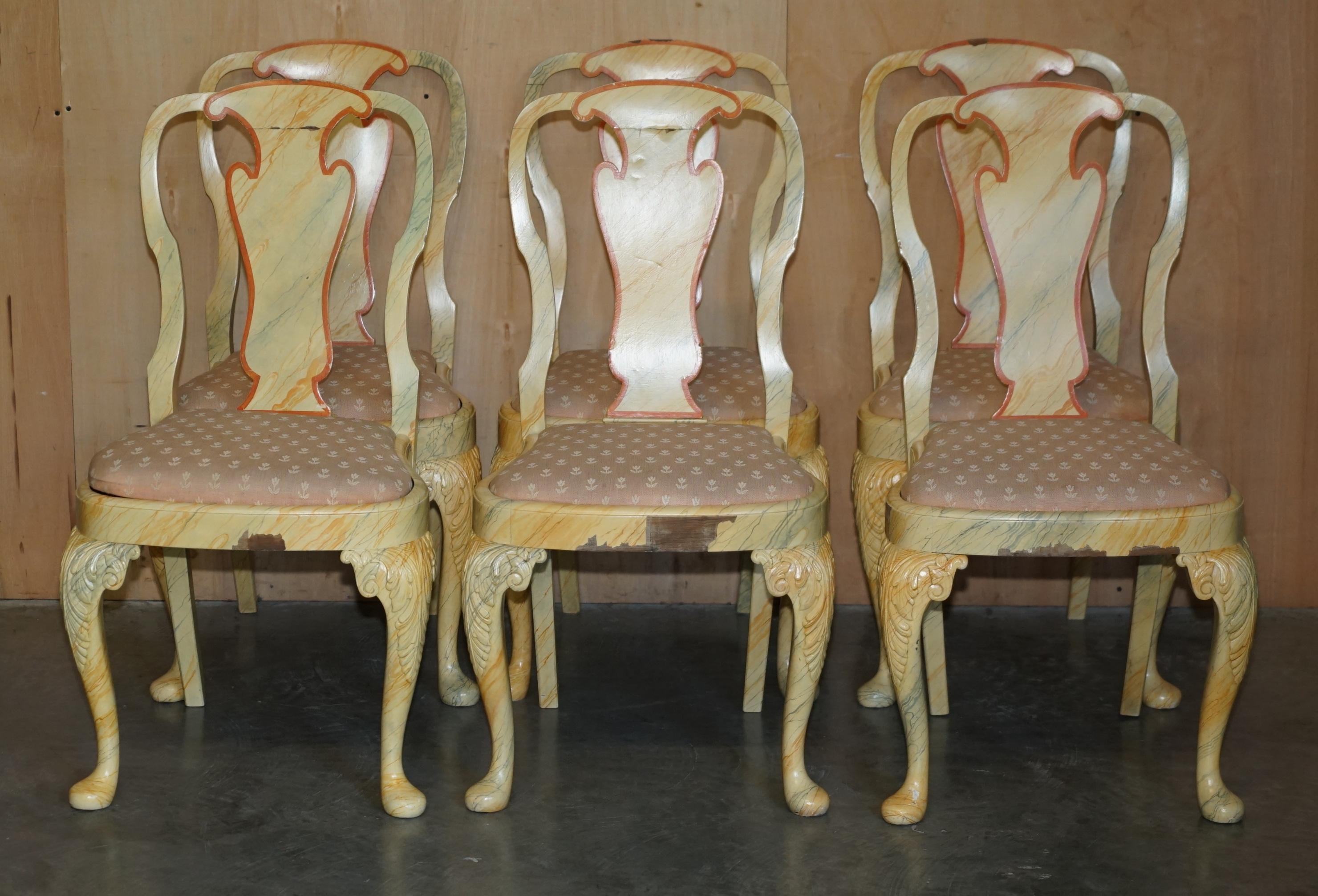 EIGHT ANTIQUE VICTORIAN CARVED WALNUT FAUX MARBLE PAiNTED DINING CHAIRS 8 For Sale 4