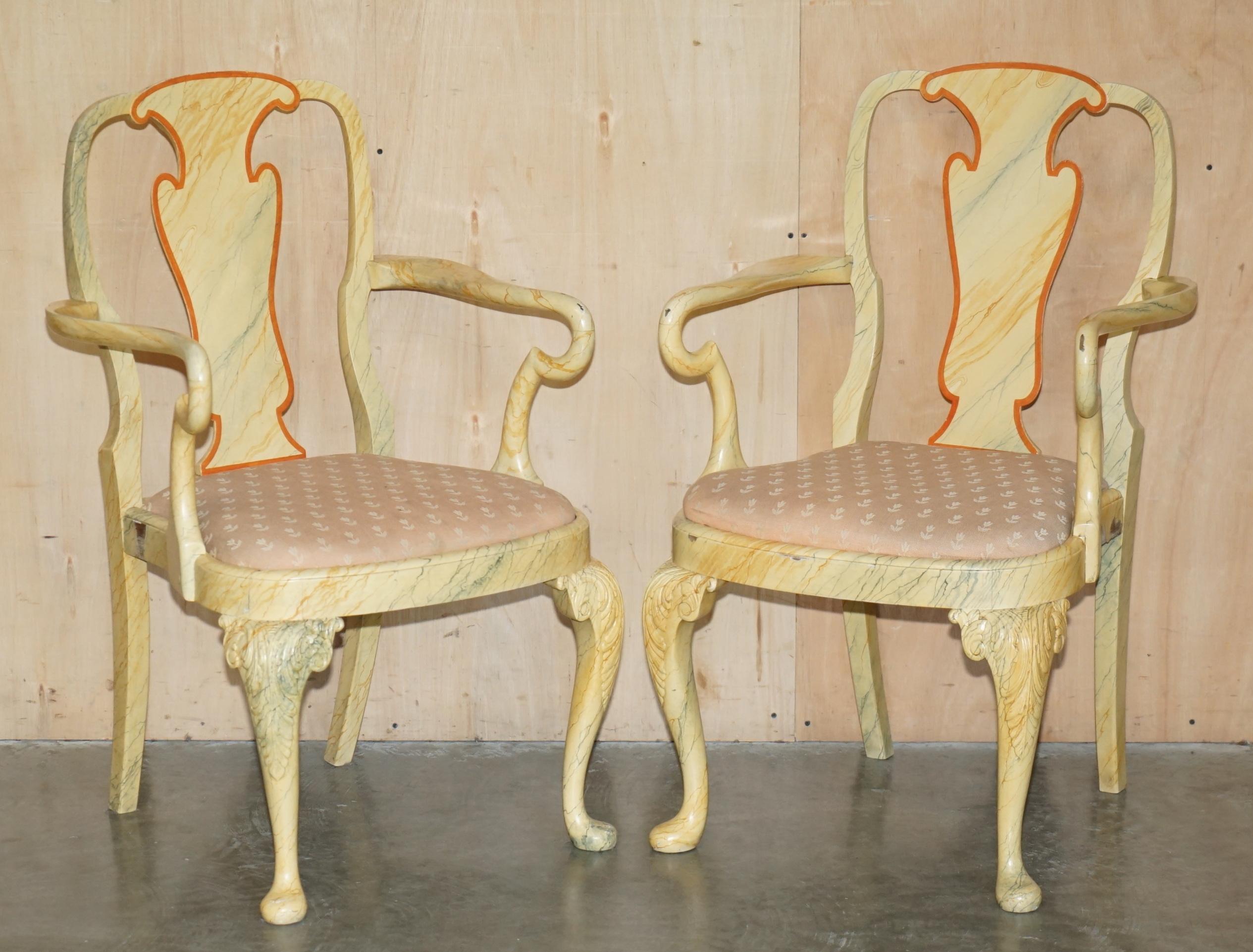 Royal House Antiques

Royal House Antiques is are delighted to offer for sale this sublime suite of eight vintage ornately hand carved Walnut dining chairs after the original by Thomas Chippendale with Faux Marble painted finish 

Please note the
