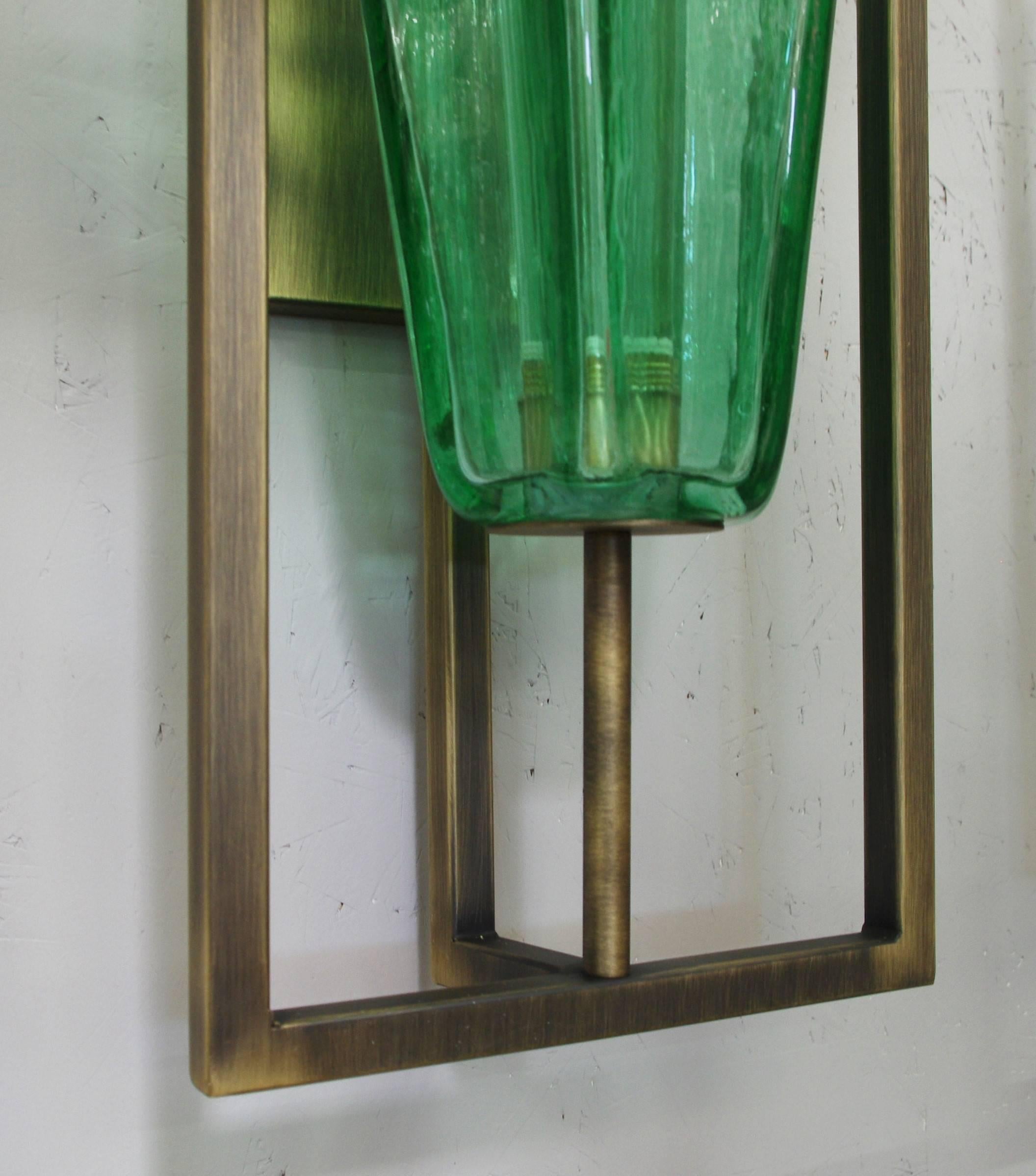 Blown Glass Eight Architectural Emerald Green Sconces by Fabio Ltd