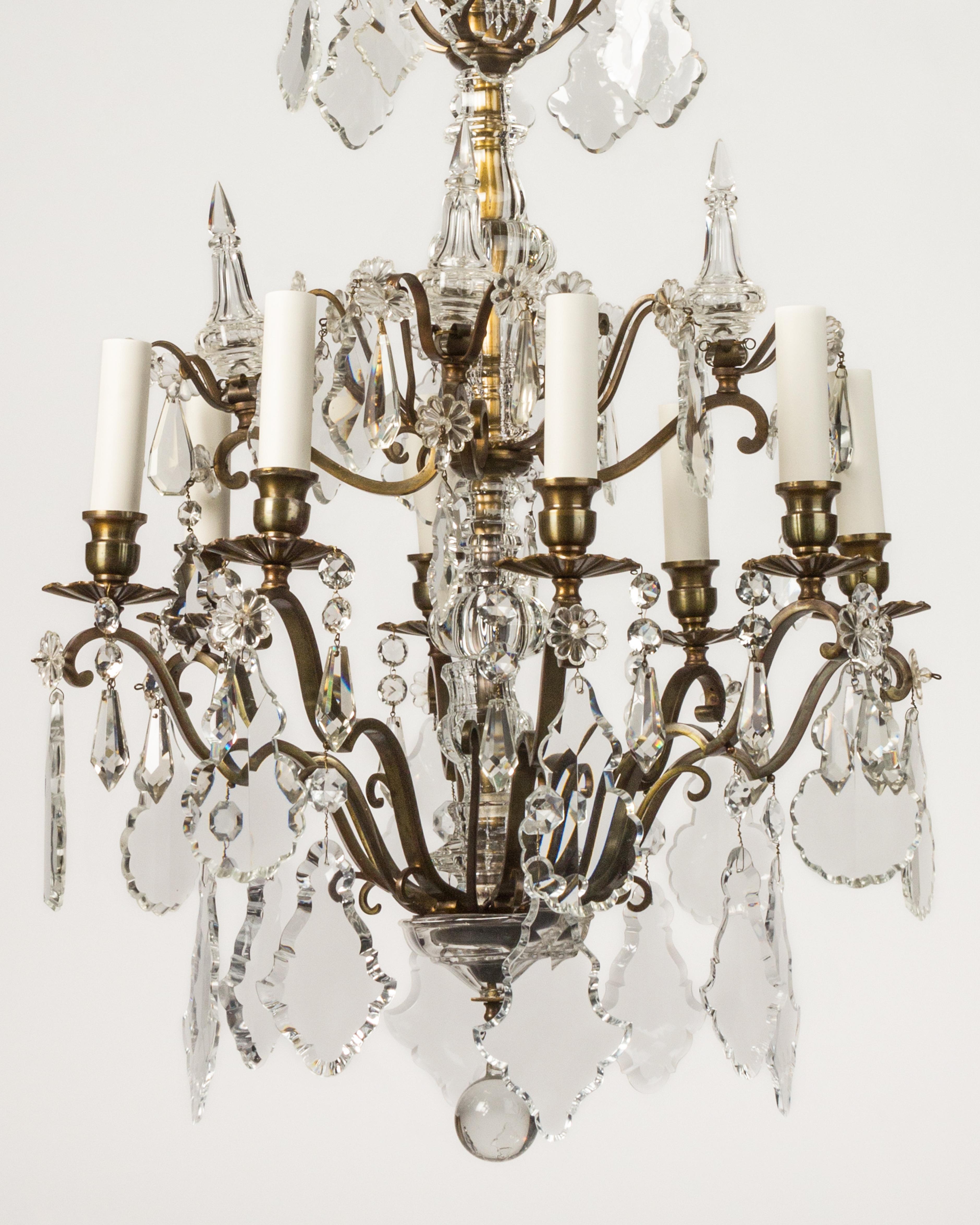Baroque Eight Arm Brass and Glass Chandelier with Four Tiers of Faceted Crystal Prisms