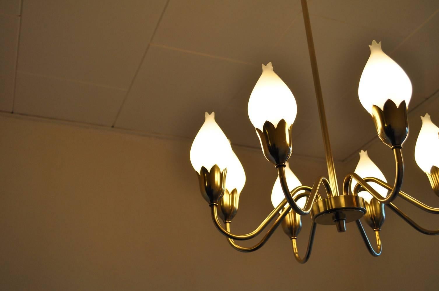 Danish Eight-Arm Brass and Opaline Glass Chandelier by Fog & Mørup '2' For Sale