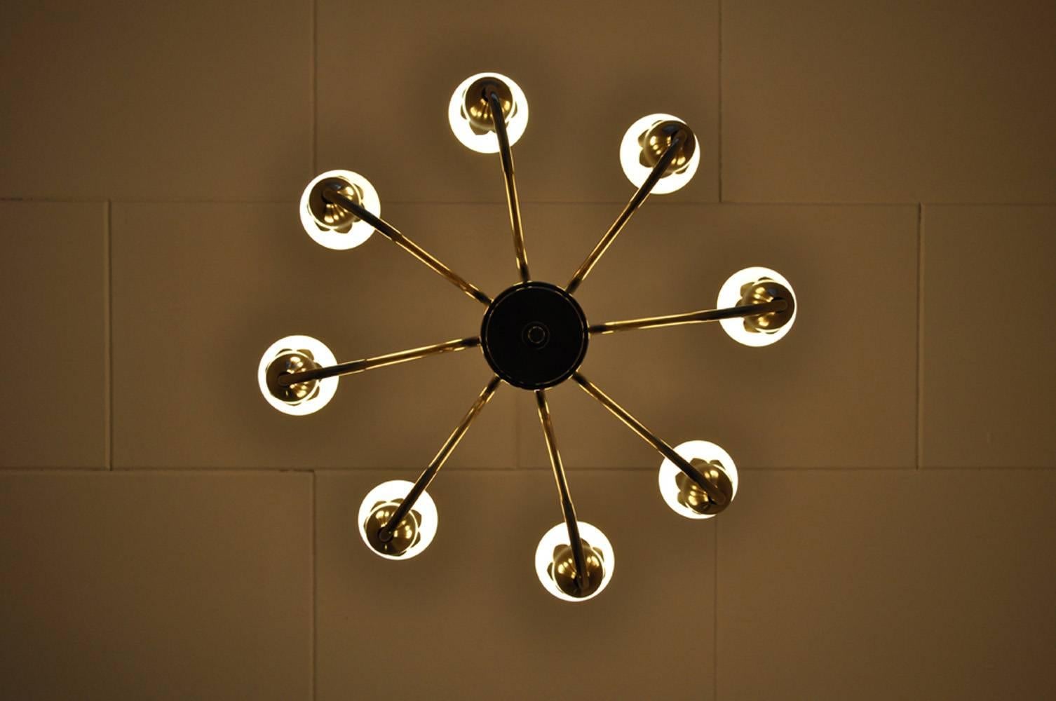 Mid-20th Century Eight-Arm Brass and Opaline Glass Chandelier by Fog & Mørup '2' For Sale