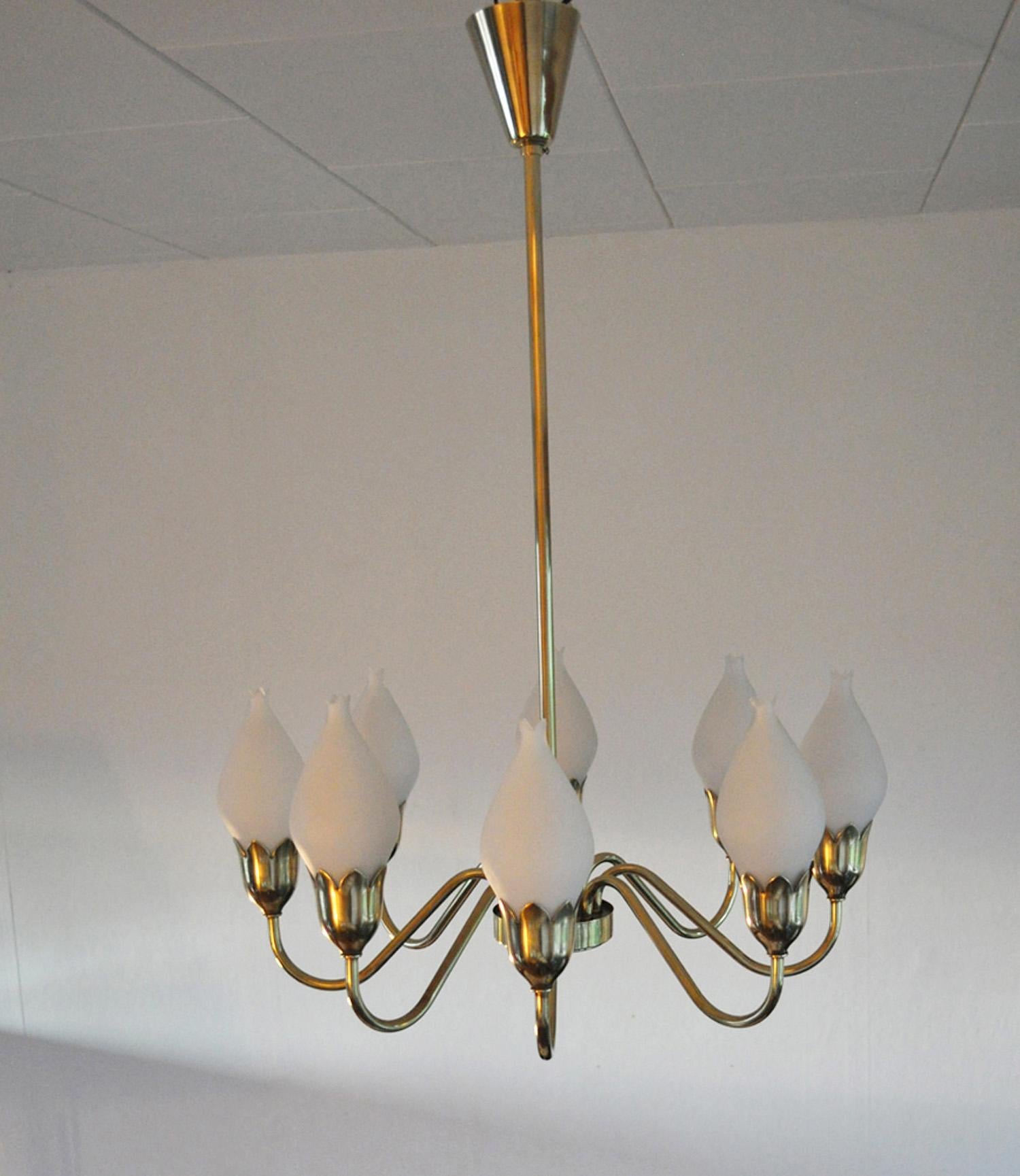 Eight-Arm Brass and Opaline Glass Chandelier by Fog & Mørup '2' For Sale 2