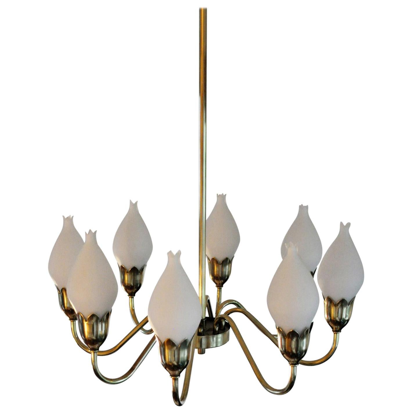 Eight-Arm Brass and Opaline Glass Chandelier by Fog & Mørup '2' For Sale