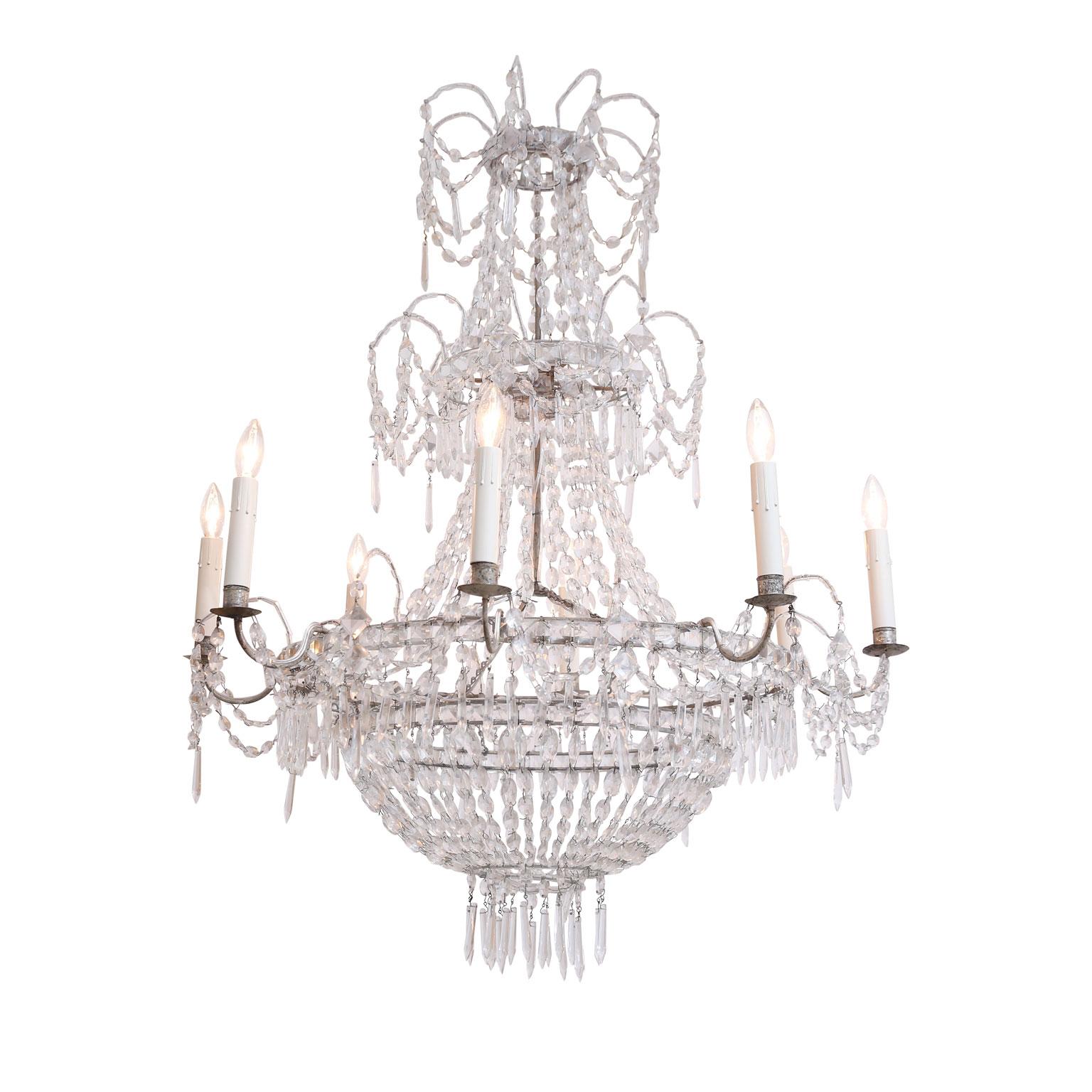 Eight-arm crystal chandelier from La Granja (circa 1860-1870). Decorated in crystal beads, prisms and pendants. Newly-wired for use within the USA. Includes chain and a canopy.
 