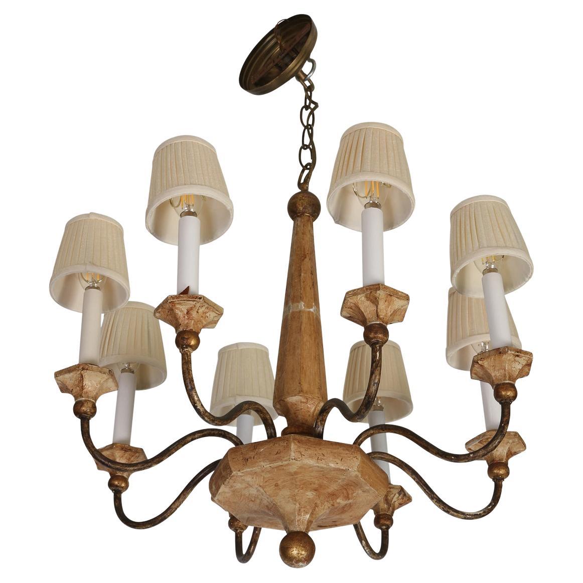 Eight Arm Italian Wood and Iron Chandelier With Gilt Detail