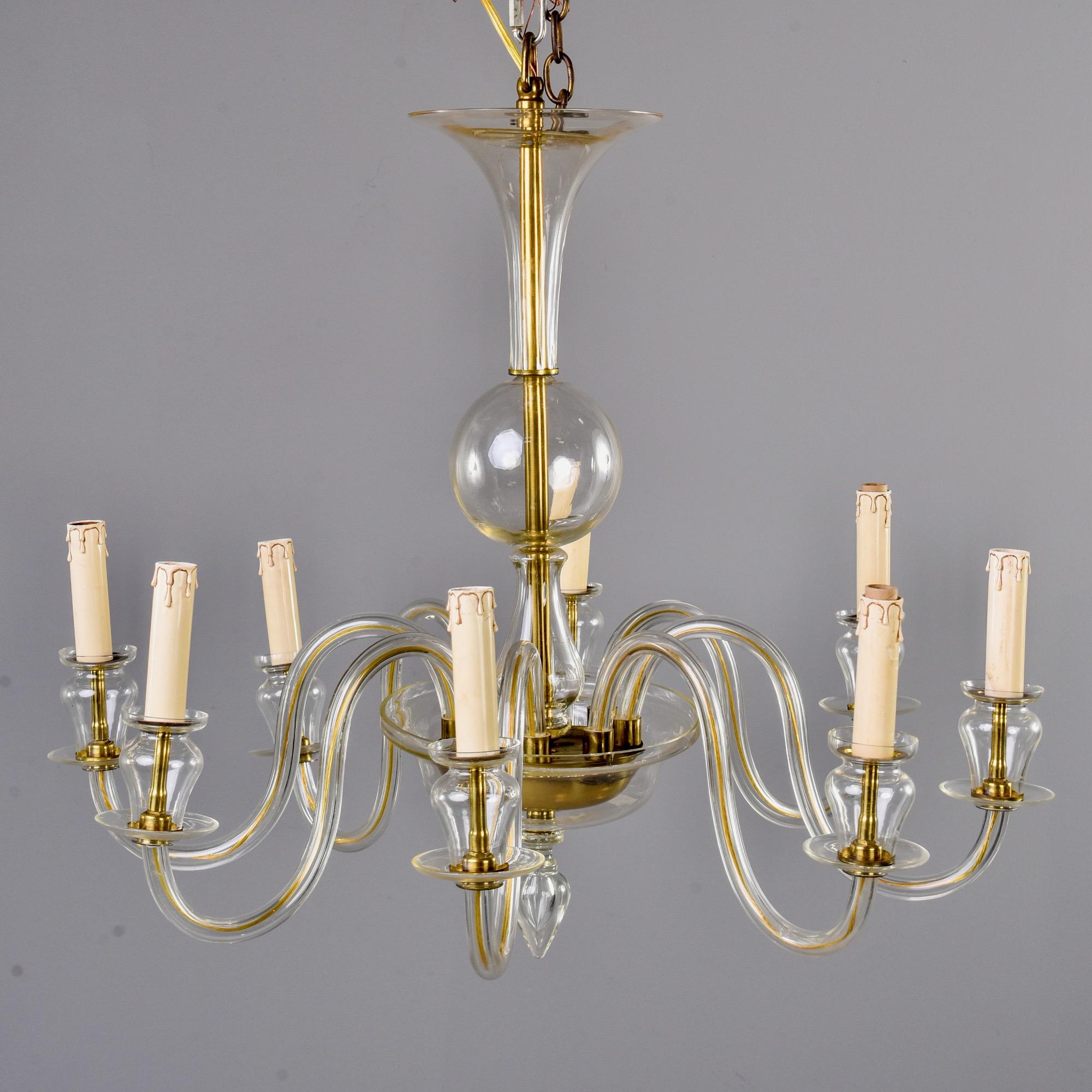 Brass Eight-Arm Pale Amber Murano Glass Chandelier