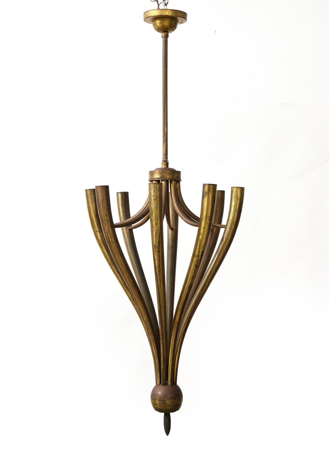Modern Eight-Arm Patinated Brass Chandelier by Guglielmo Ulrich, Italy, c. 1950 For Sale