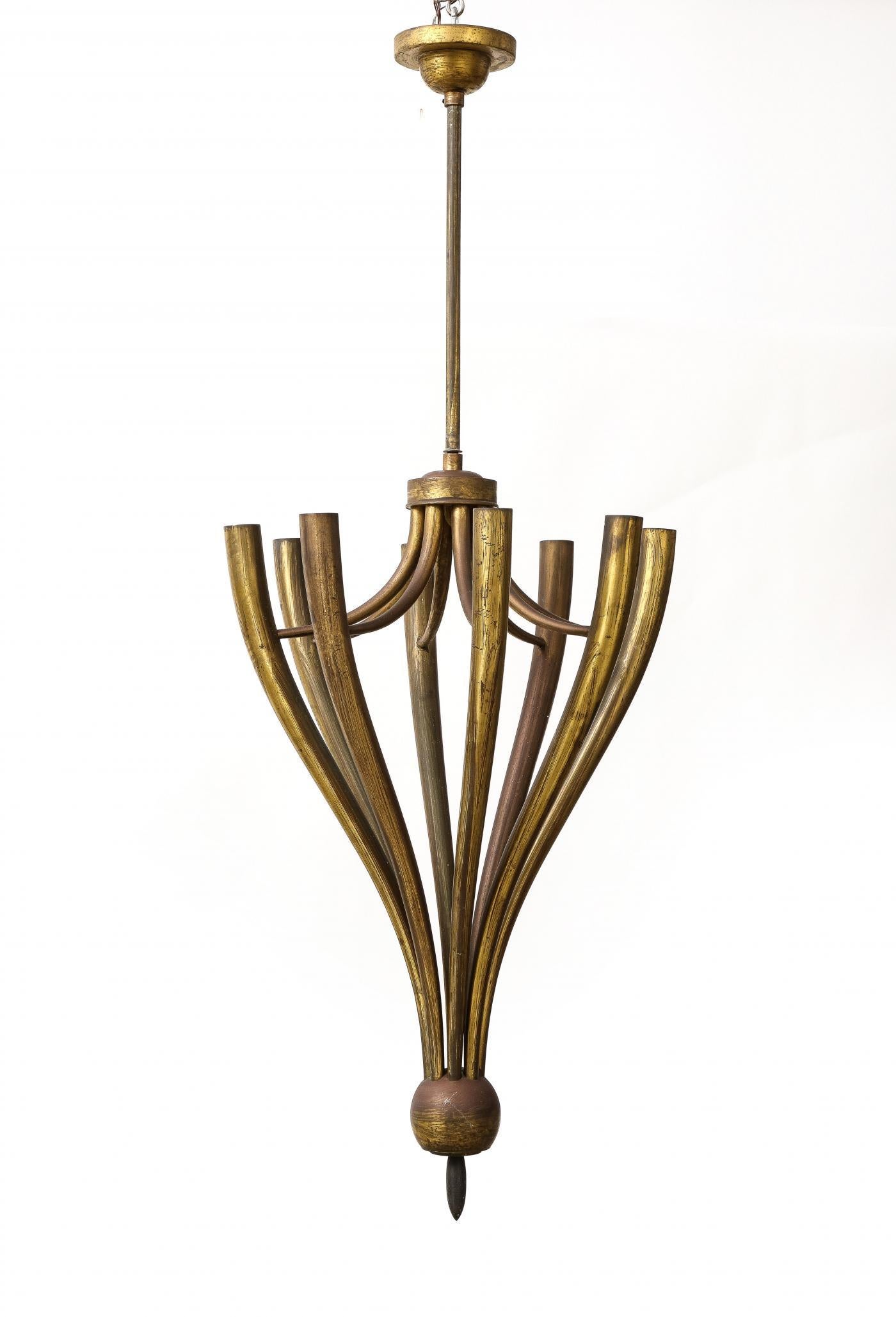 Italian Eight-Arm Patinated Brass Chandelier by Guglielmo Ulrich, Italy, c. 1950 For Sale