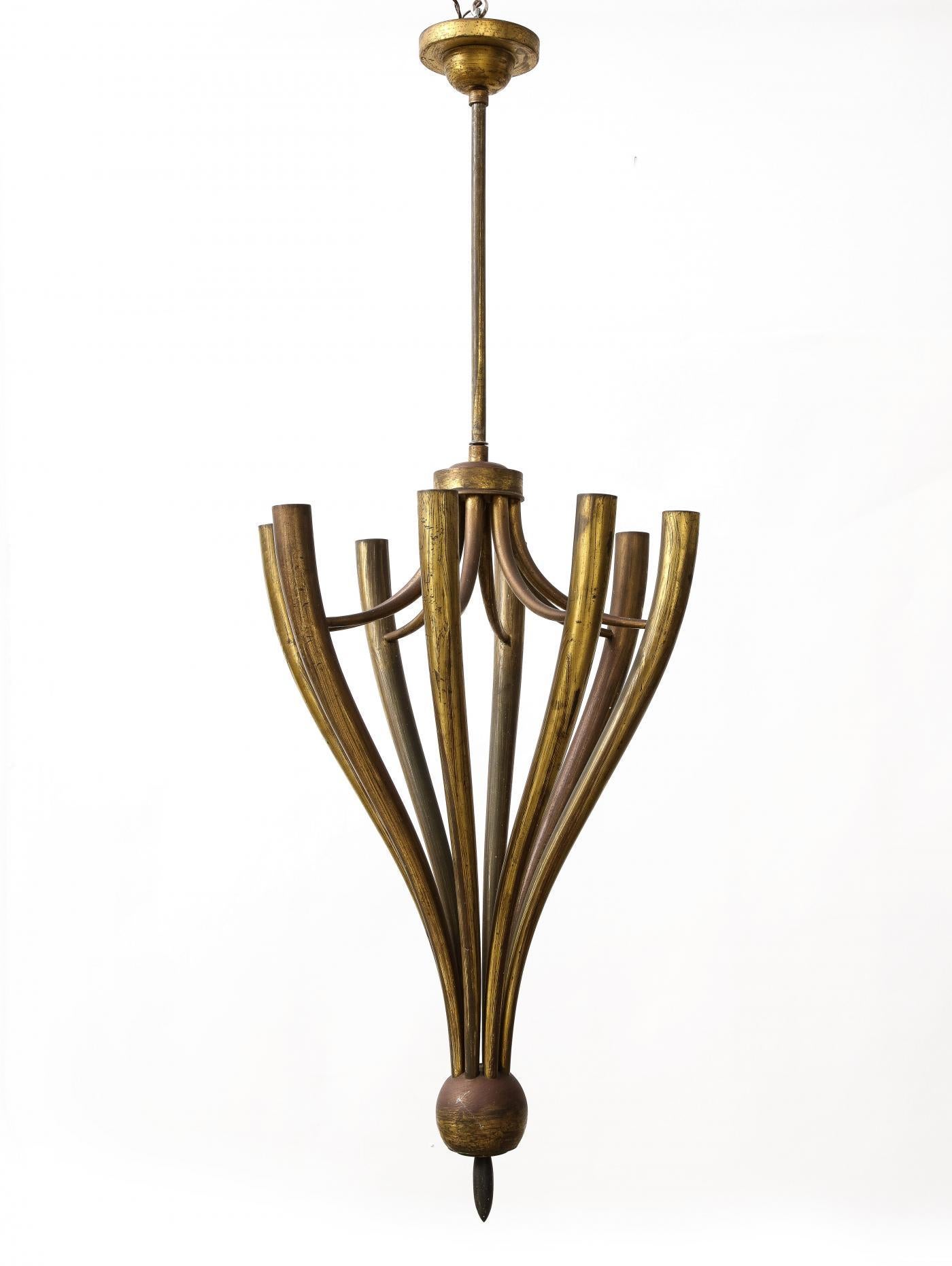 Eight-Arm Patinated Brass Chandelier by Guglielmo Ulrich, Italy, c. 1950 In Good Condition For Sale In New York City, NY