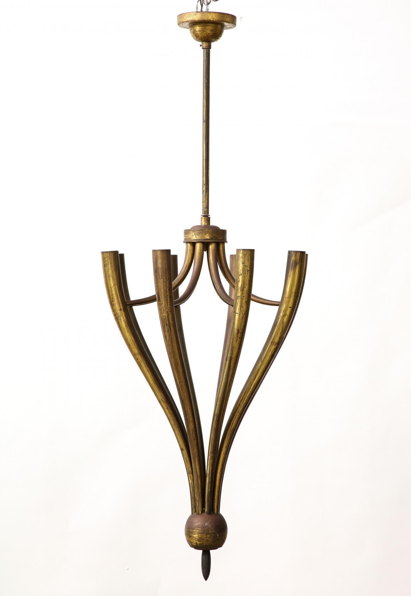 Mid-20th Century Eight-Arm Patinated Brass Chandelier by Guglielmo Ulrich, Italy, c. 1950 For Sale