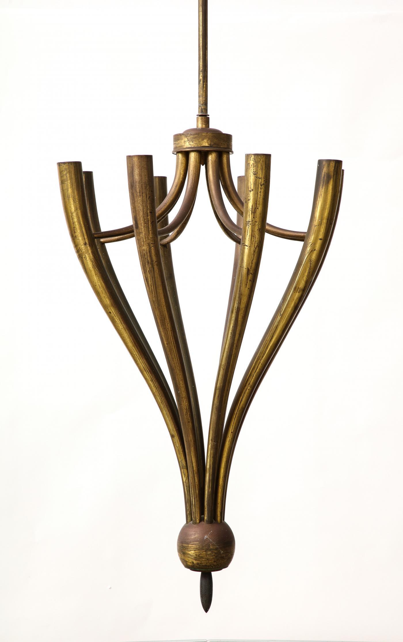 Eight-Arm Patinated Brass Chandelier by Guglielmo Ulrich, Italy, c. 1950 For Sale 1