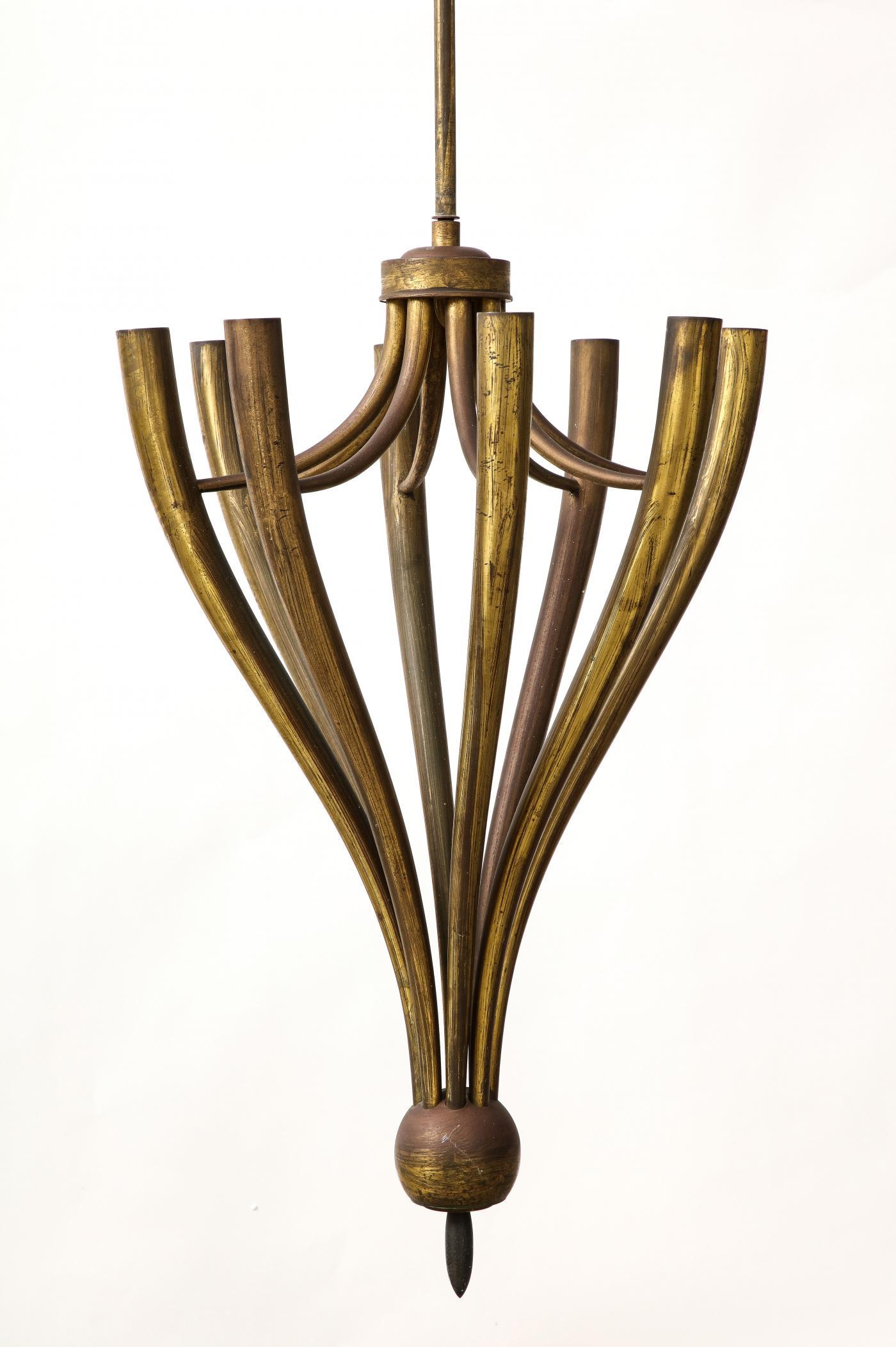 Eight-Arm Patinated Brass Chandelier by Guglielmo Ulrich, Italy, c. 1950 For Sale 2