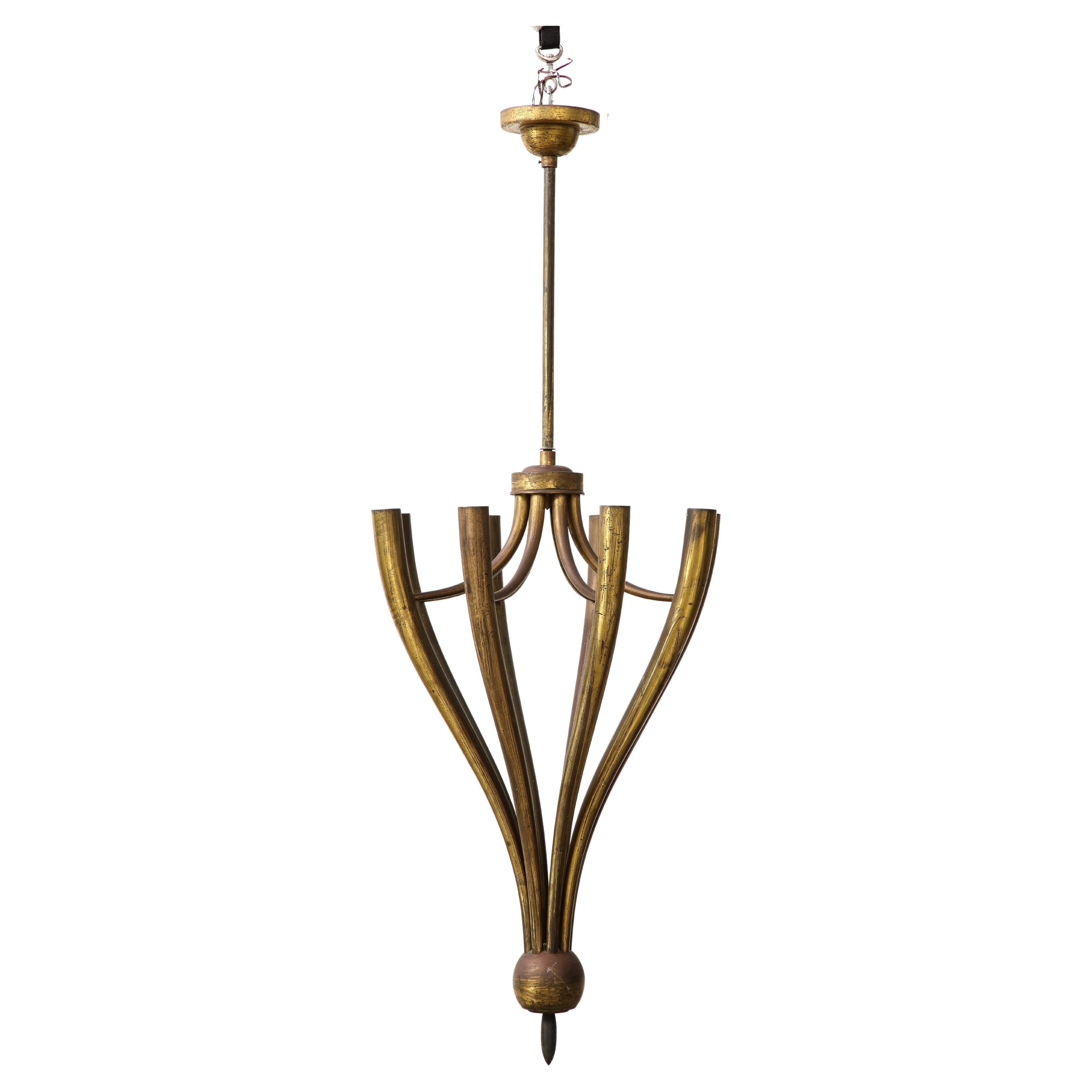 Eight-Arm Patinated Brass Chandelier by Guglielmo Ulrich, Italy, c. 1950 For Sale