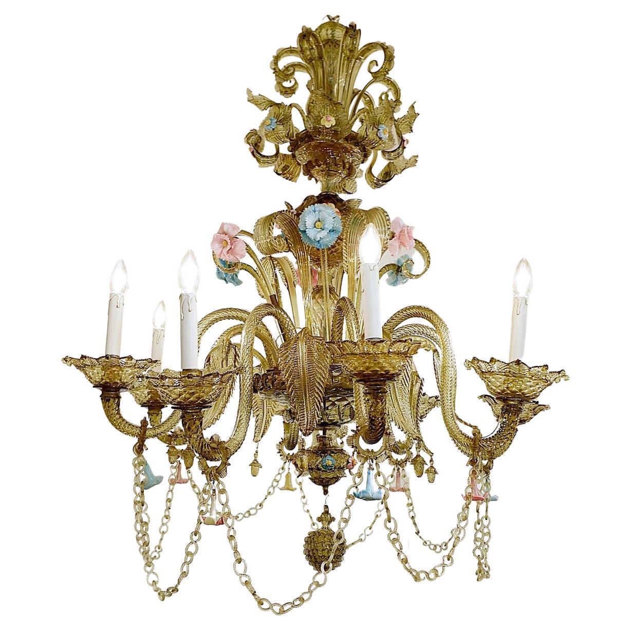 Eight-Arm Smoked Amber Murano Glass Chandelier with Florettes, Murano For Sale
