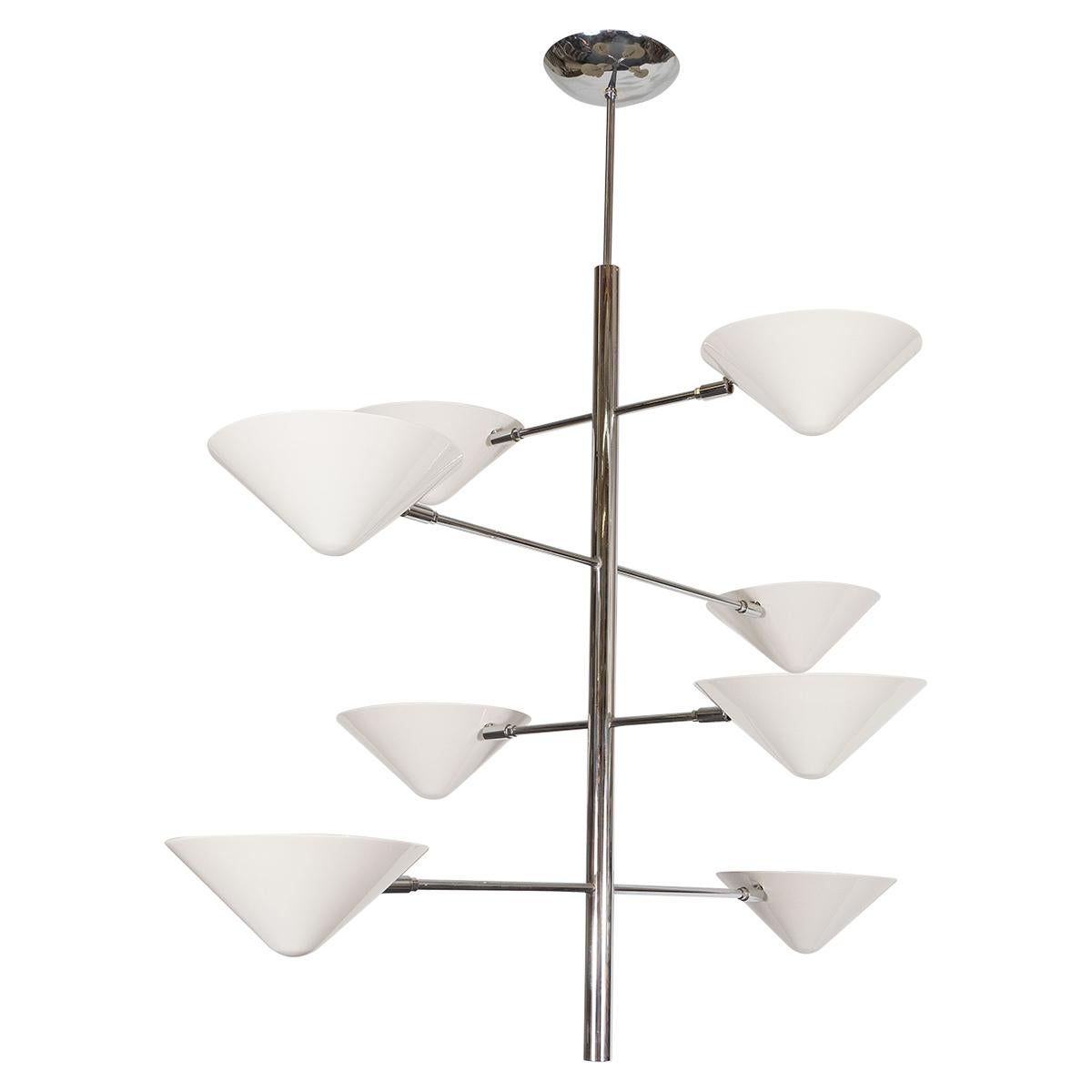 Eight-arm polished nickel chandelier with conical enameled metal uplight shades.