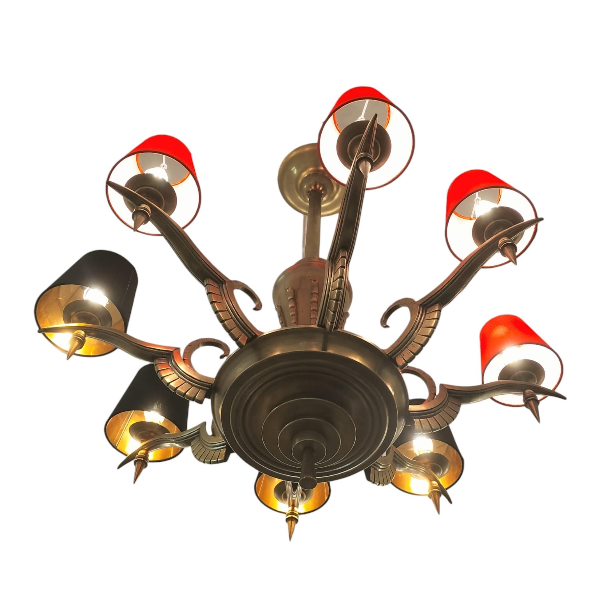 Gilt Eight-Armed Chandelier with Red or Black Lampshades, Art Deco, Mid-20th Century For Sale