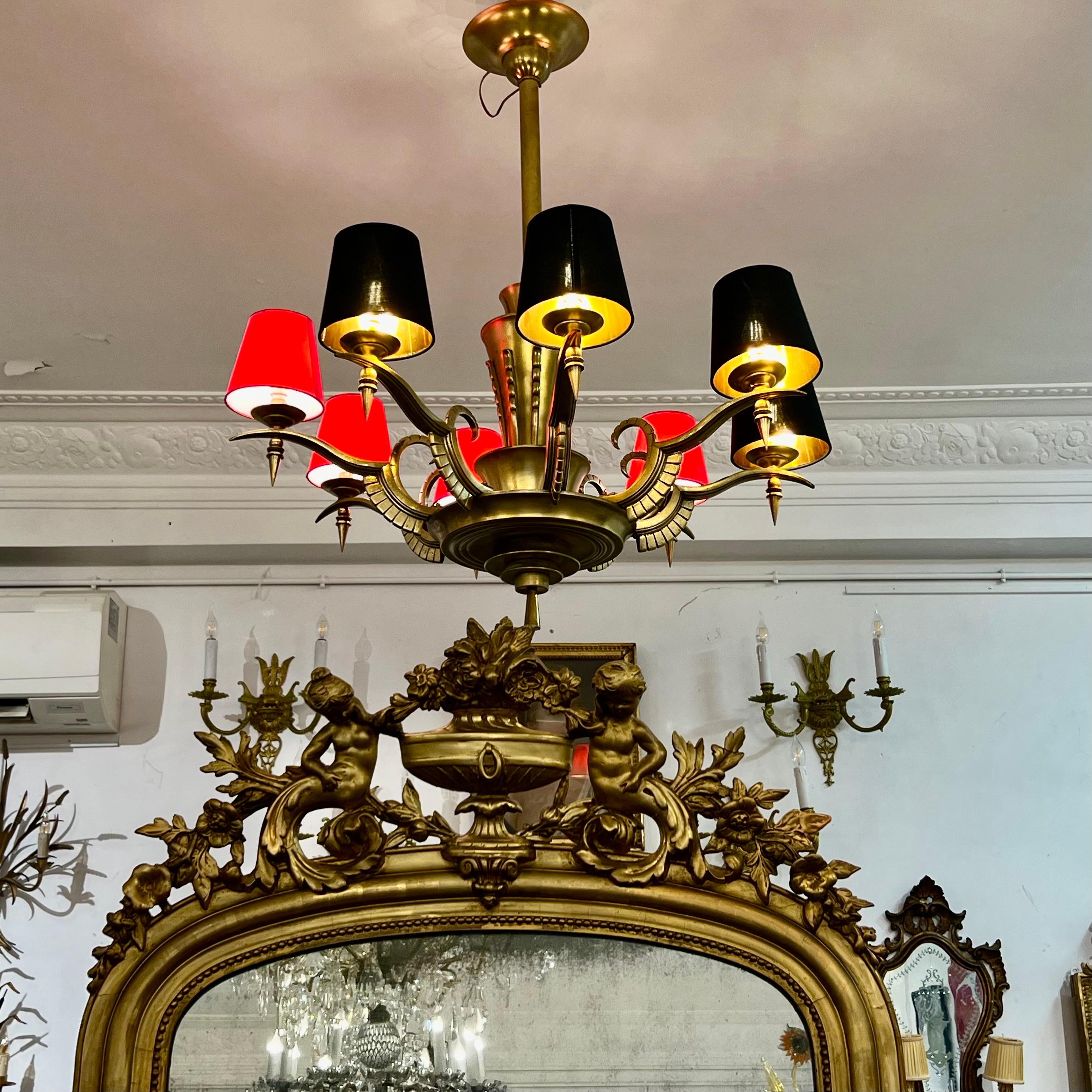 Early 20th Century Eight-Armed Chandelier with Red or Black Lampshades, Art Deco, Mid-20th Century For Sale