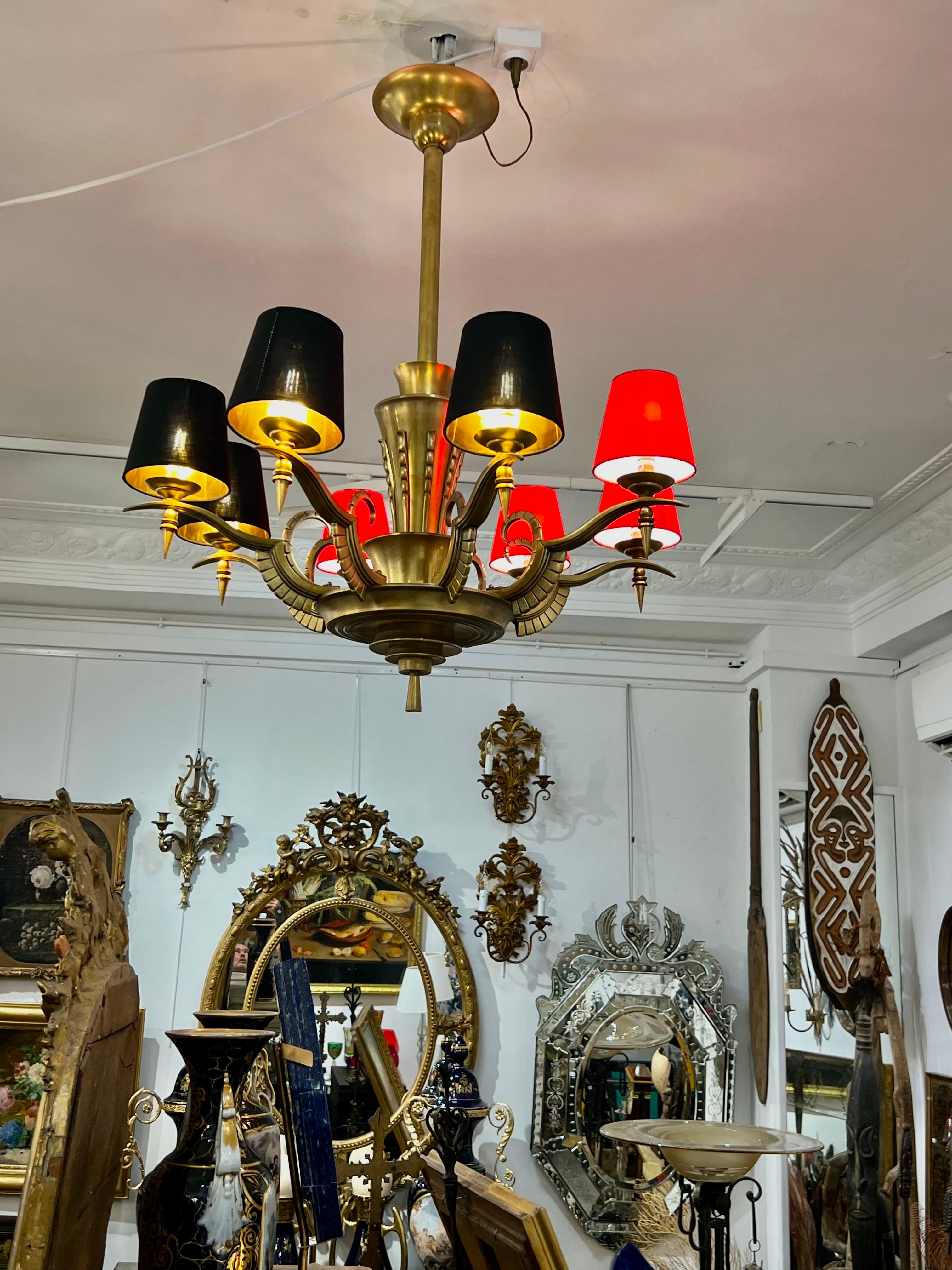 Bronze Eight-Armed Chandelier with Red or Black Lampshades, Art Deco, Mid-20th Century For Sale