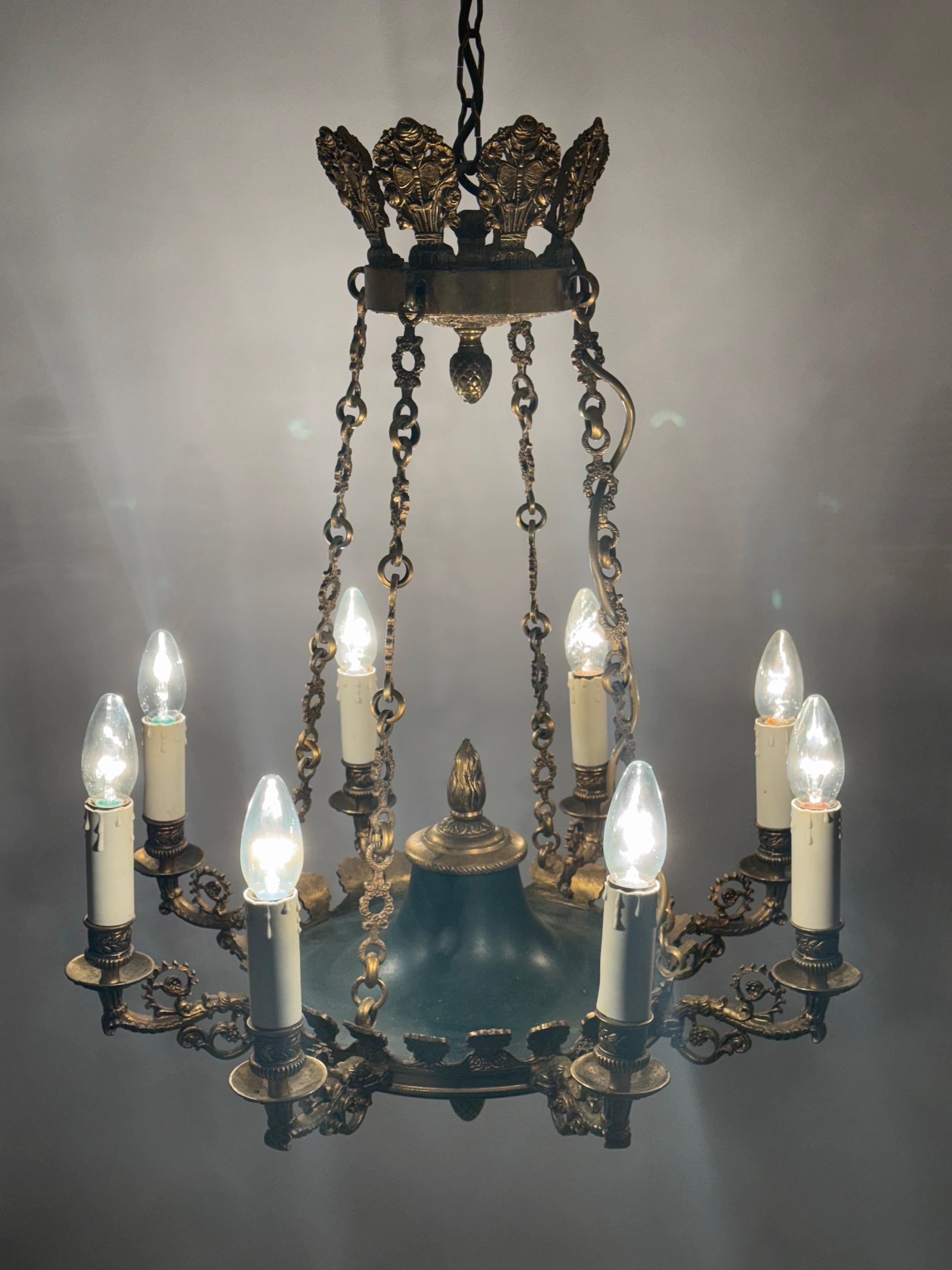 This impressive unique and high quality chandelier invites you to antique lovers. The graeat chandelier hung for a long time in a beautiful little castle in Germany which makes its history more rich and interesting. The chandelier is beautifully