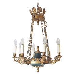 Eight-Armed Royal French Empire Bronze Chandelier in Gold and Forest Green