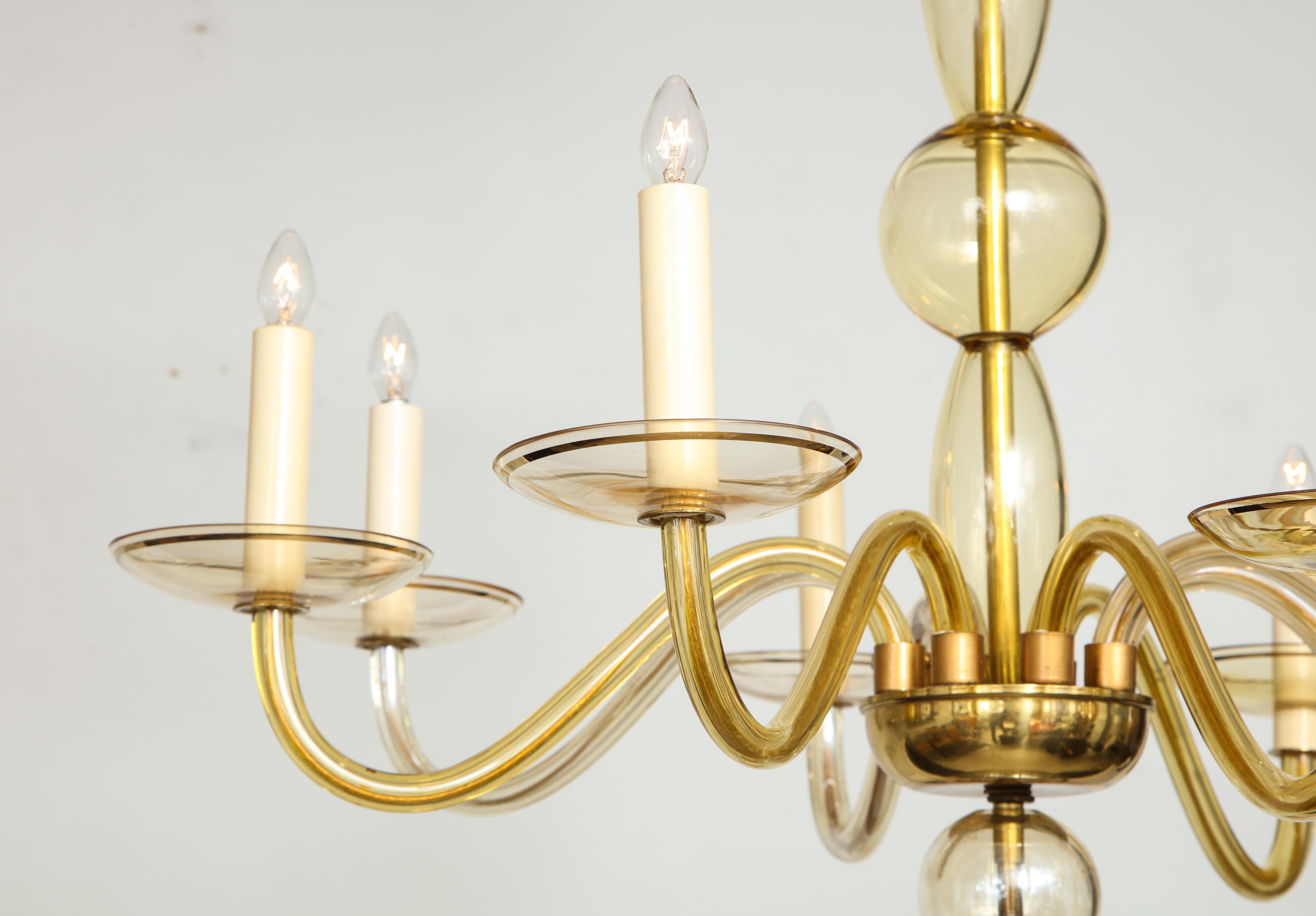 Eight-Arms Amber-Colored Murano Glass Chandelier In Excellent Condition For Sale In New York, NY