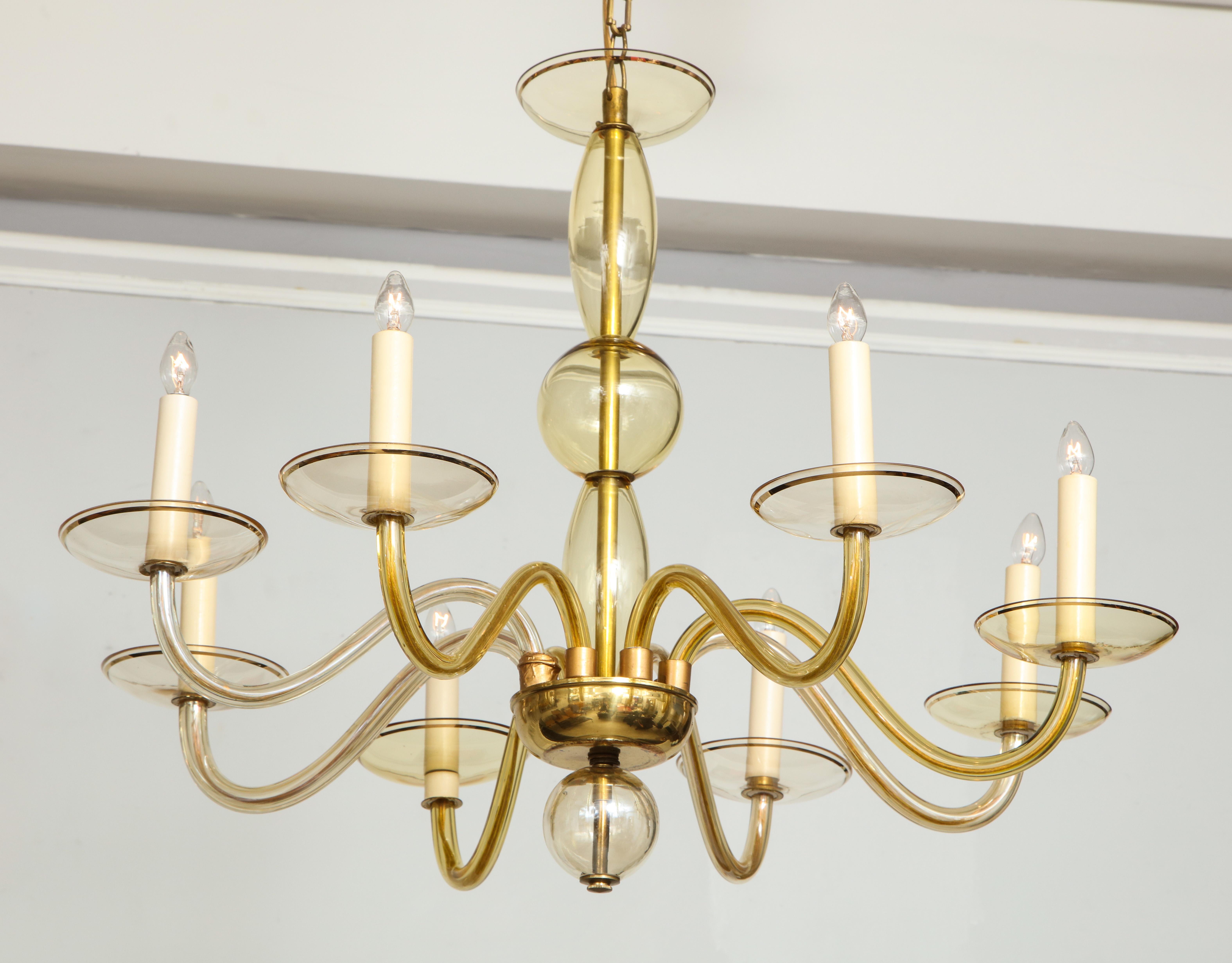 Italian Eight-Arms Amber-Colored Murano Glass Chandelier For Sale