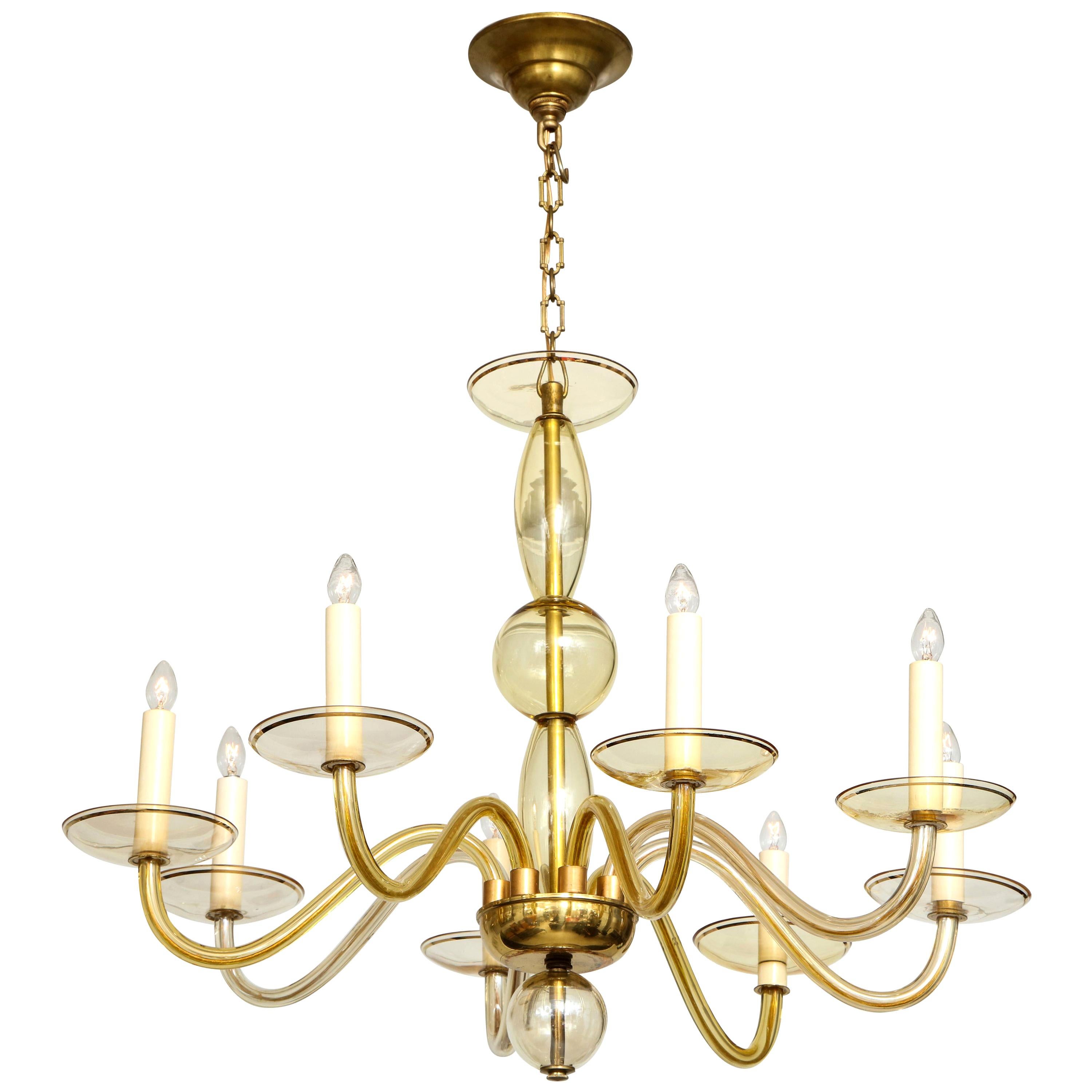 Eight-Arms Amber-Colored Murano Glass Chandelier For Sale