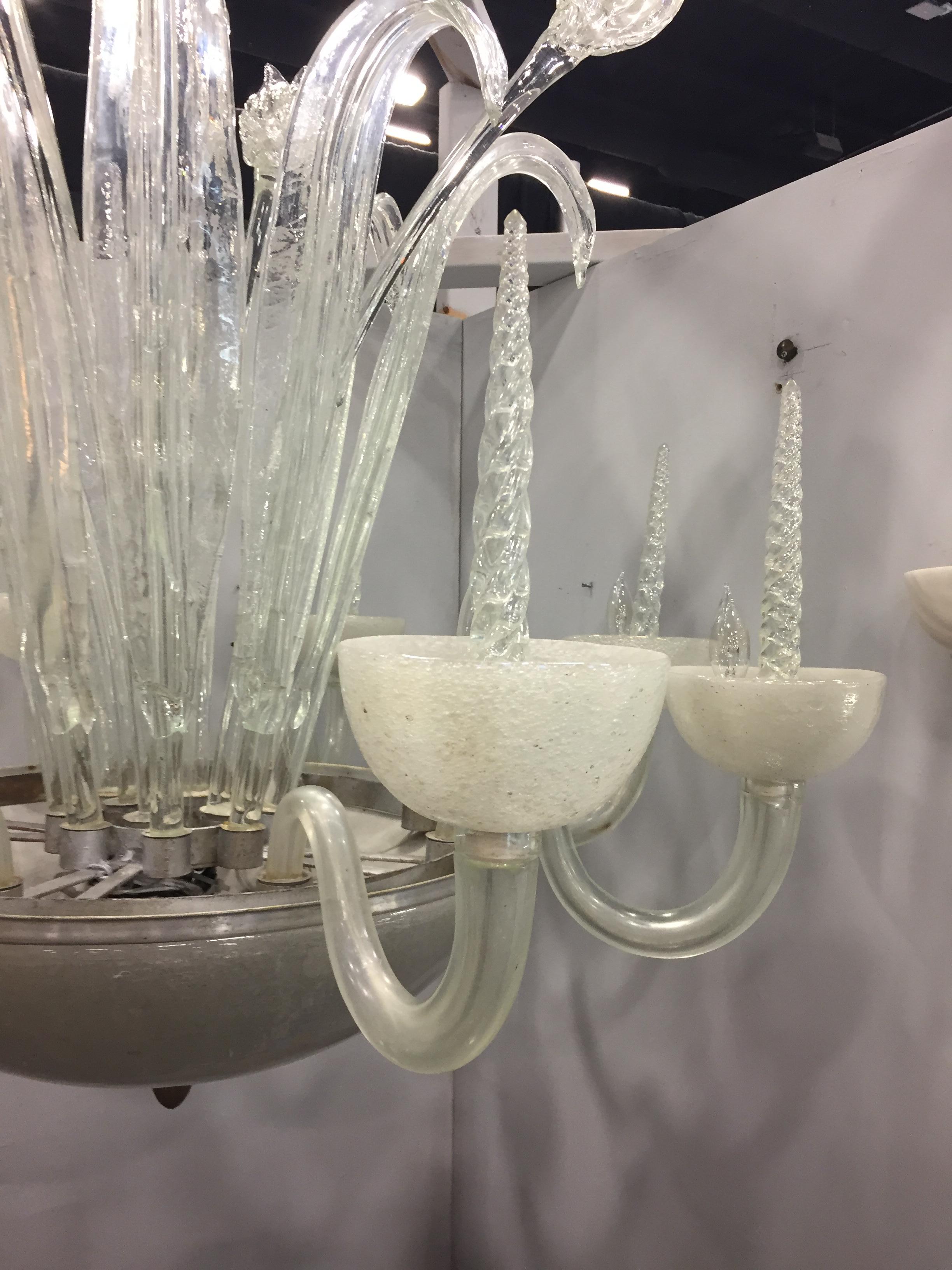 Italian White Art Deco Frosted Hand Blown Glass Eight Armed Murano Chandelier For Sale 5