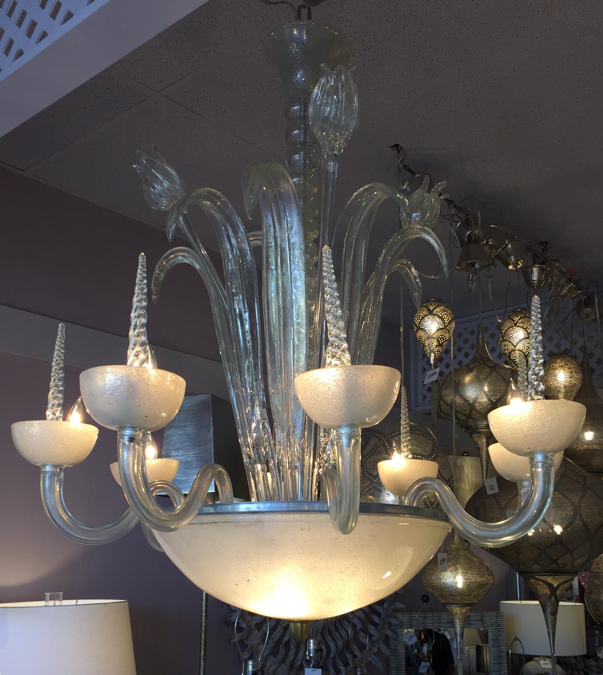 Italian White Art Deco Frosted Hand Blown Glass Eight Armed Murano Chandelier For Sale 6