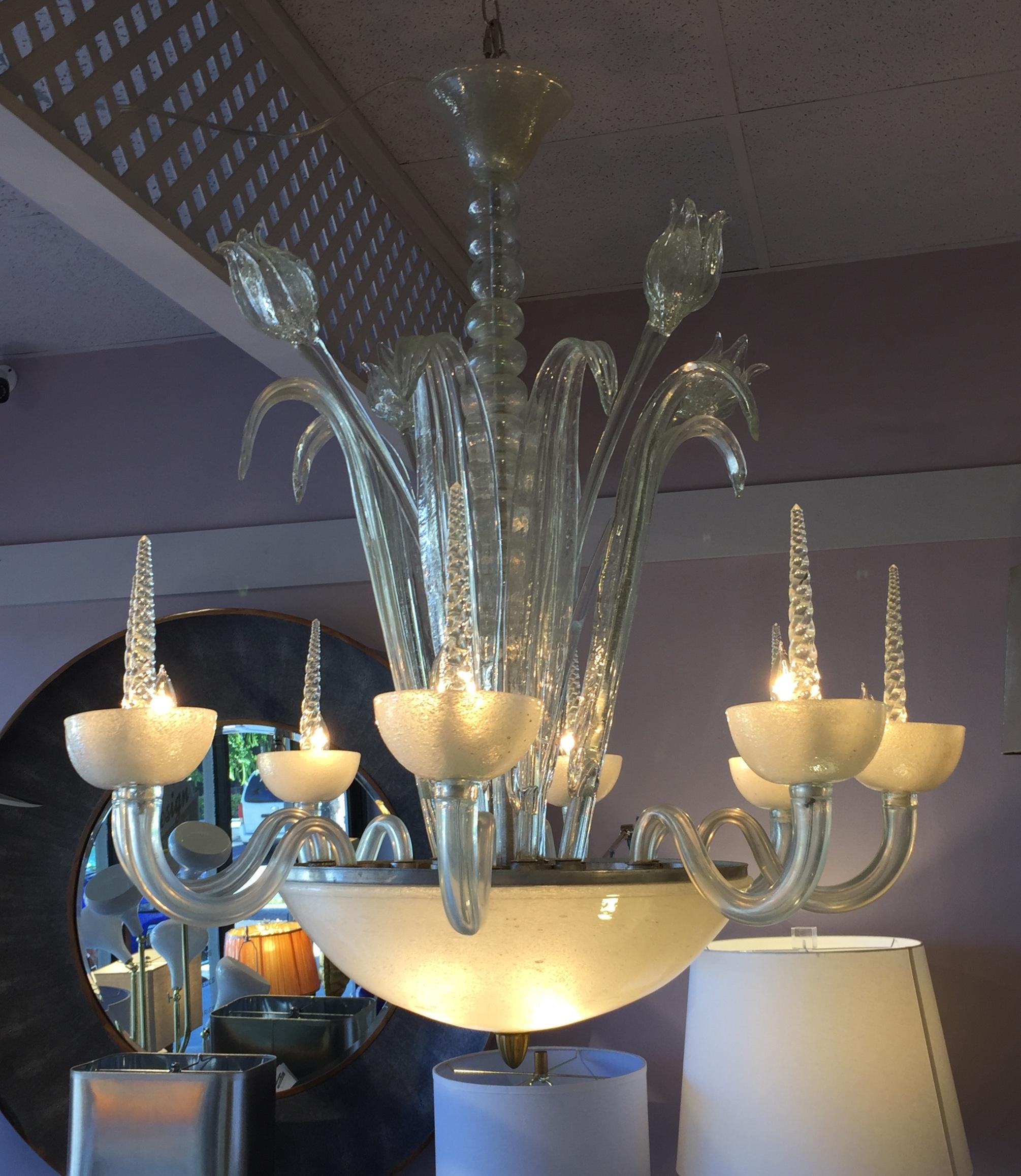 Mid-20th Century Italian White Art Deco Frosted Hand Blown Glass Eight Armed Murano Chandelier For Sale