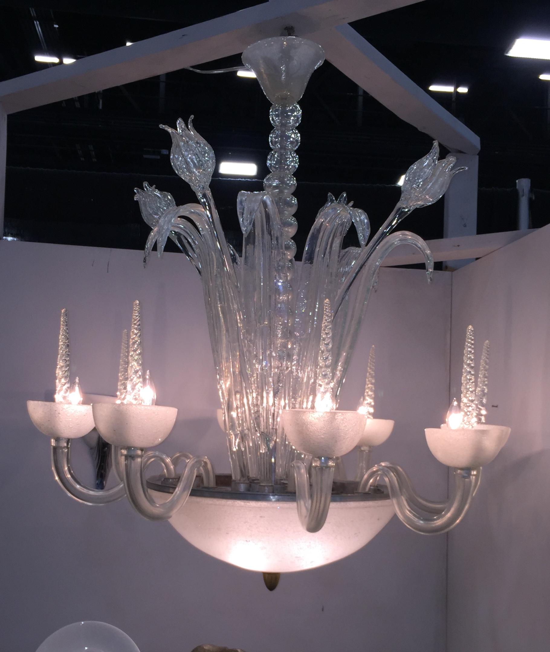 Italian White Art Deco Frosted Hand Blown Glass Eight Armed Murano Chandelier For Sale 2