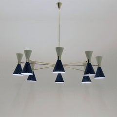 Eight Arms Brass Chandelier, Pivot Shades, Stilnovo Style, Sixteen Bulbs