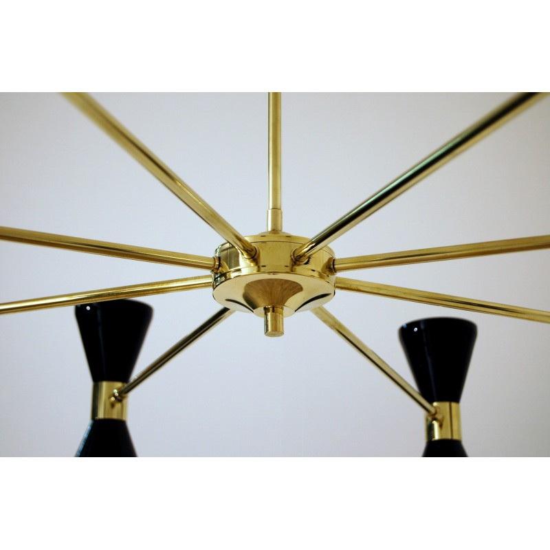 Contemporary Eight Arms Brass Chandelier, Pivot Shades, Stilnovo Style, Sixteen Bulbs For Sale