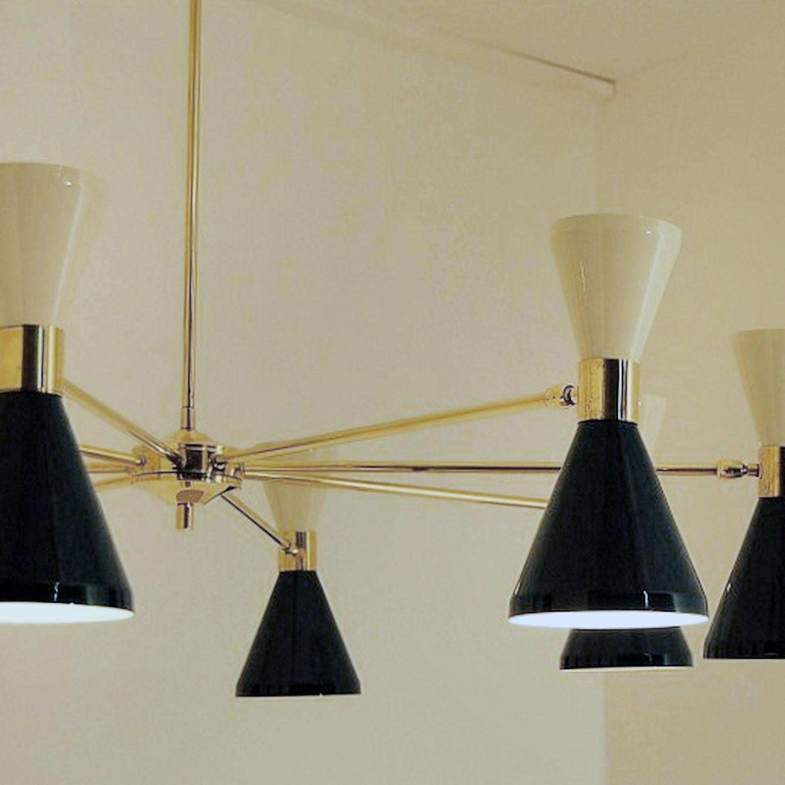 Contemporary Eight Arms Brass Chandelier, Pivot Shades, Stilnovo Style, Sixteen Bulbs For Sale