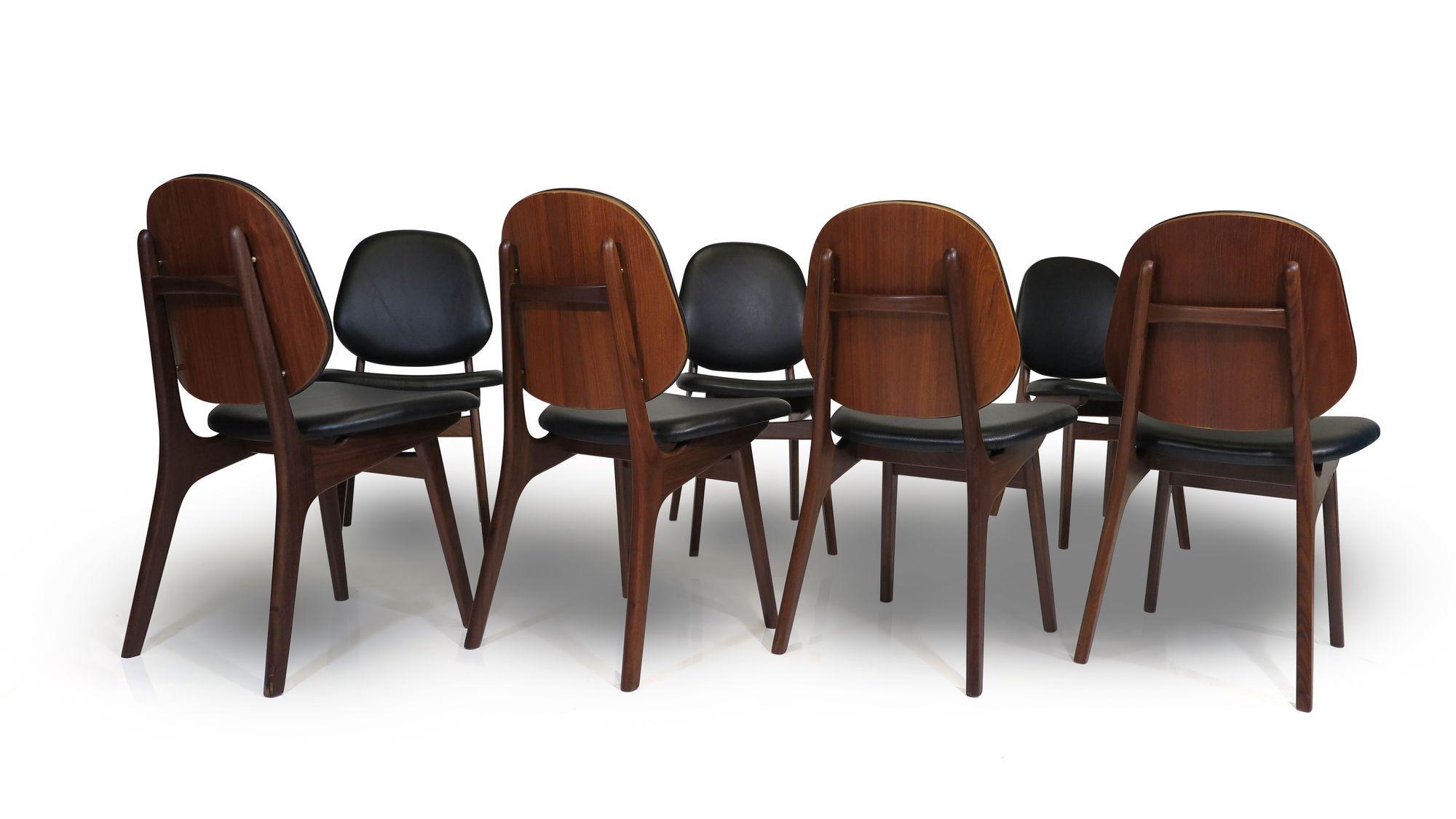 Eight Arne Hovmand Olsen Black Leather Danish Dining Chairs For Sale 2