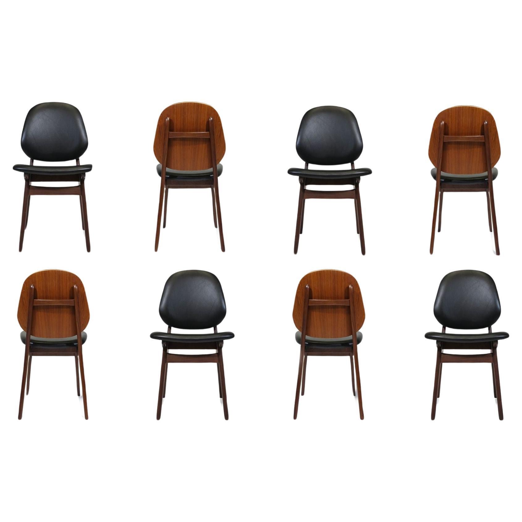 Eight Arne Hovmand Olsen Black Leather Danish Dining Chairs