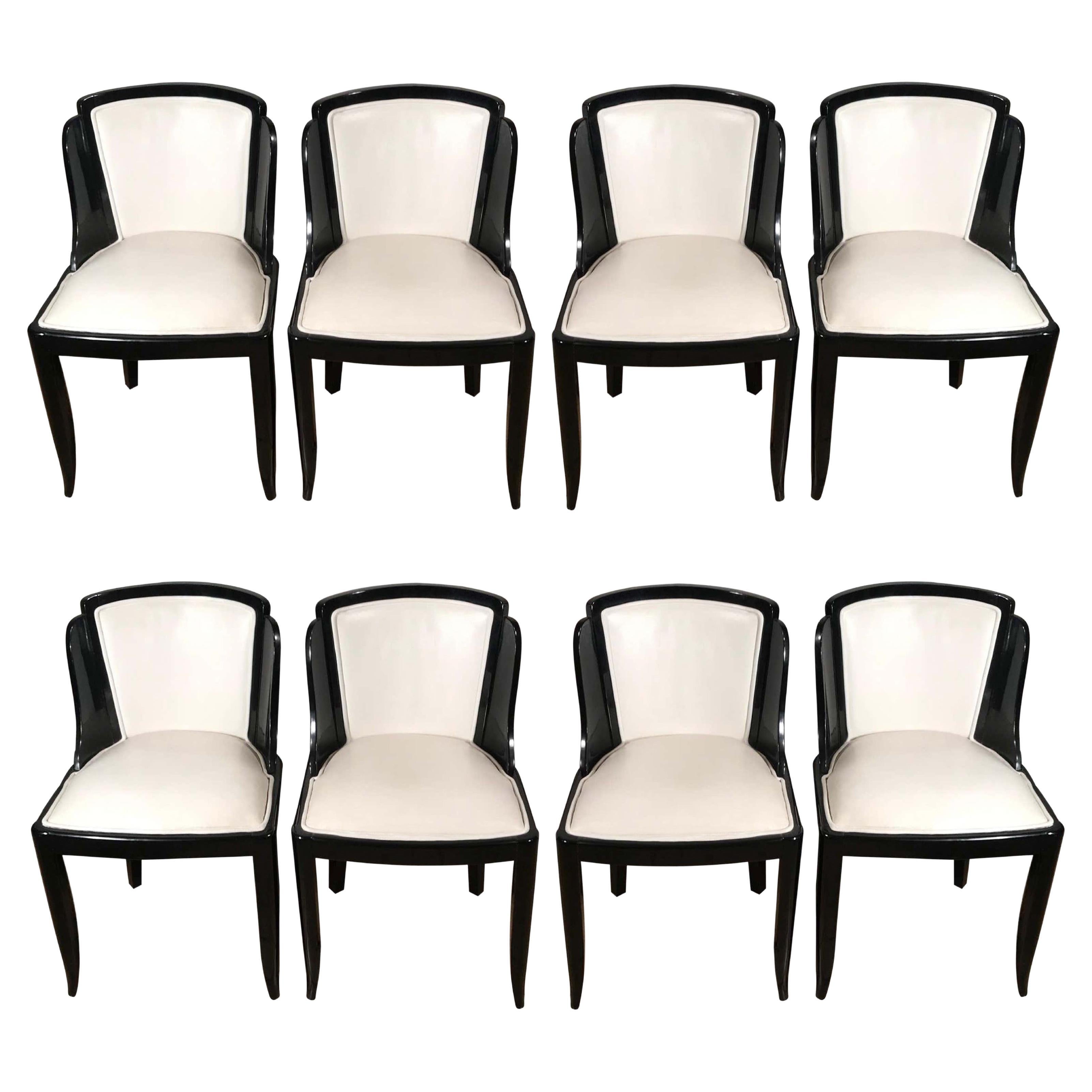 Eight Art Déco White Leather & Black Lacquered Chairs, circa 1920