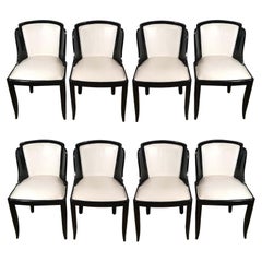 Antique Eight Art Déco White Leather & Black Lacquered Chairs, circa 1920