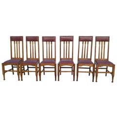 Eight Arts & Crafts Glasgow Style High Back Oak Dining Chairs with Leather Seats