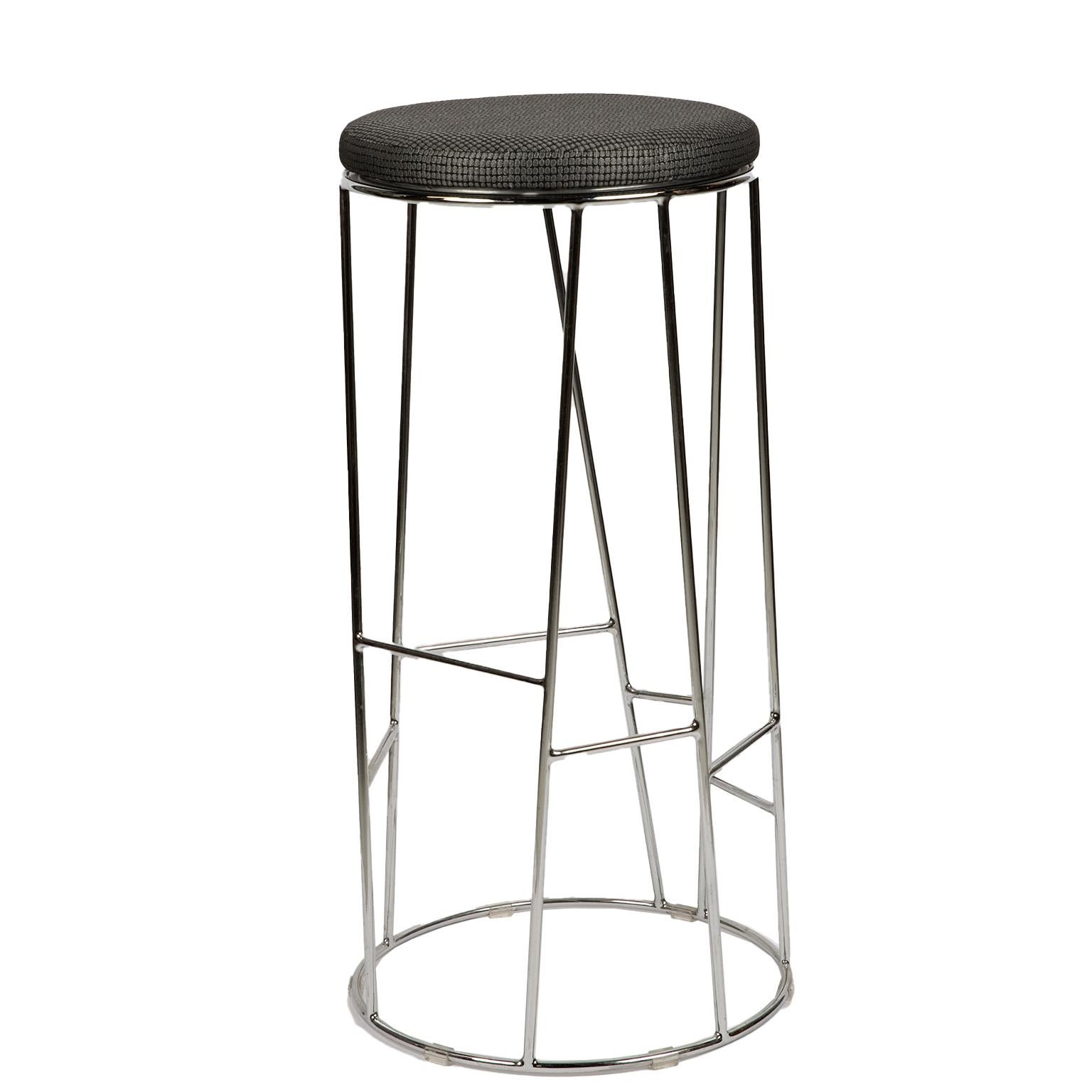 This set of eight  modern and sophisticated Forest  bar stools with chrome plated stainless steel frame and grey patterned upholstered swivel seat are made by Bernhardt Design. The client never used them so they are practically new! Sold