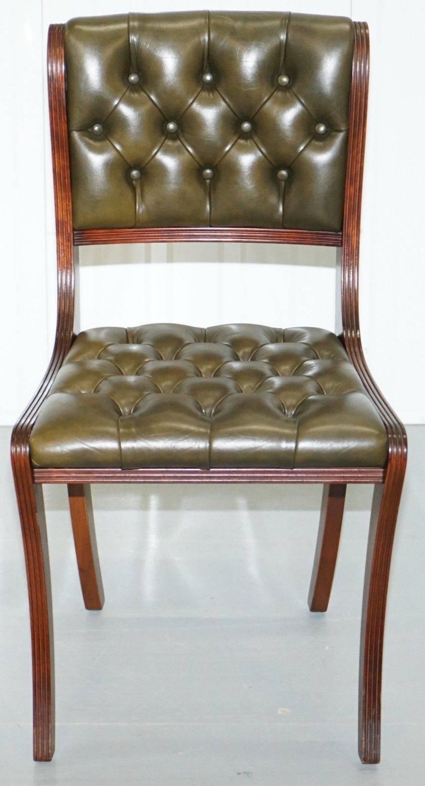 Eight Beresford & Hicks Chesterfield Green Leather Mahogany Dining Chairs 1