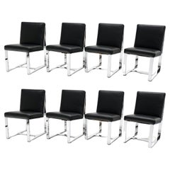 Eight Black Leather and Chrome Dining Chairs by Milo Baughman for Thayer Coggin