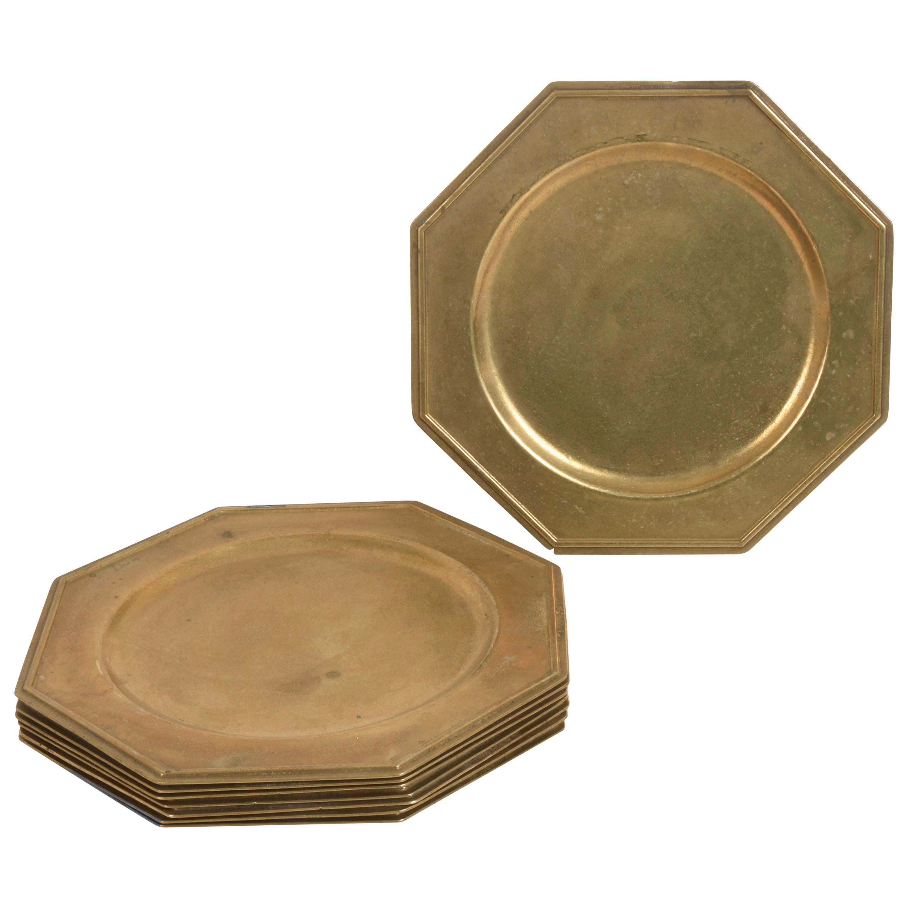 Eight Brass Service Charger, Sub-Plates Octagonal Shape, Italy, 1960s