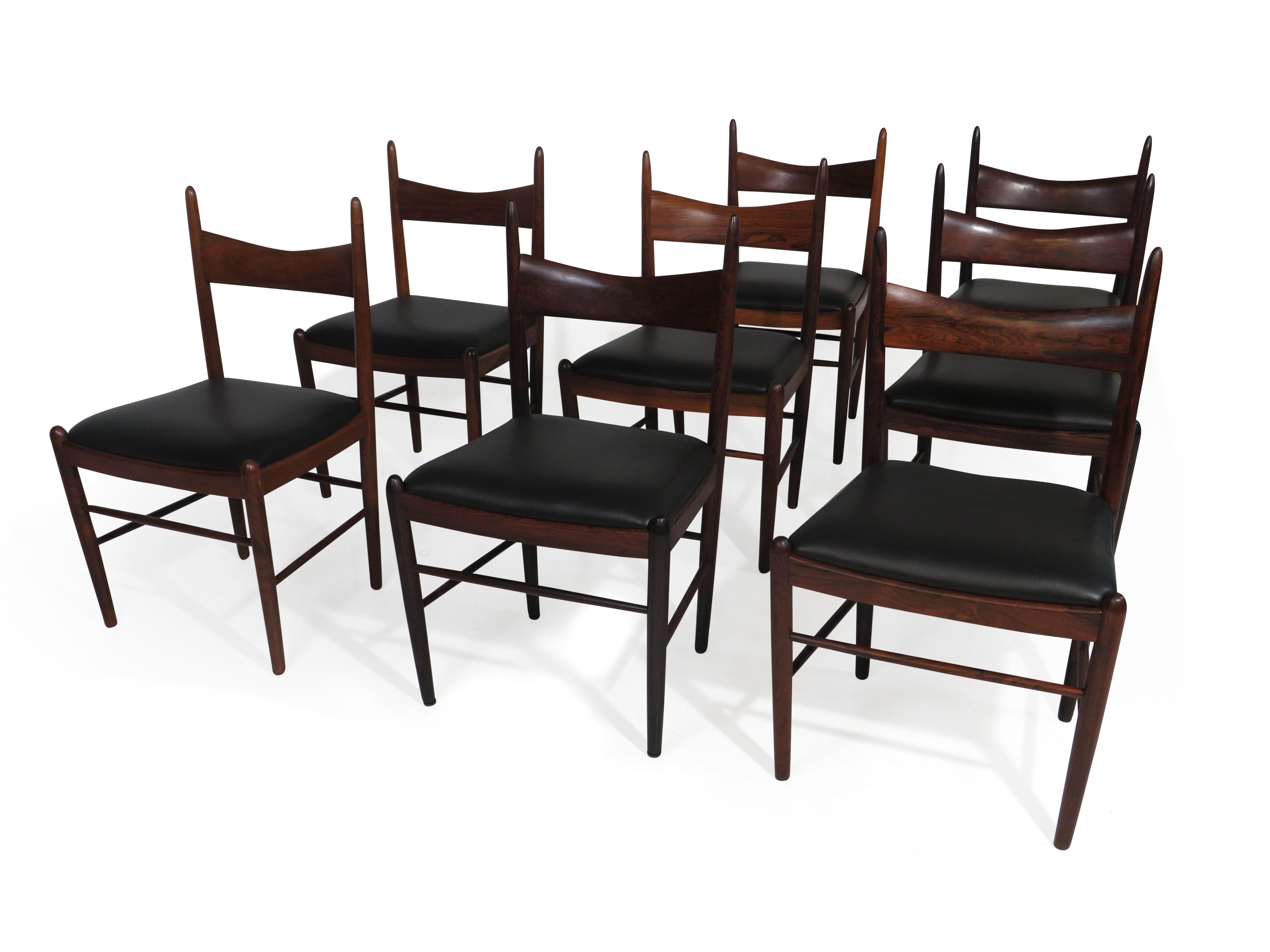Eight Brazilian Rosewood Dining Chairs in New Black Leather 3